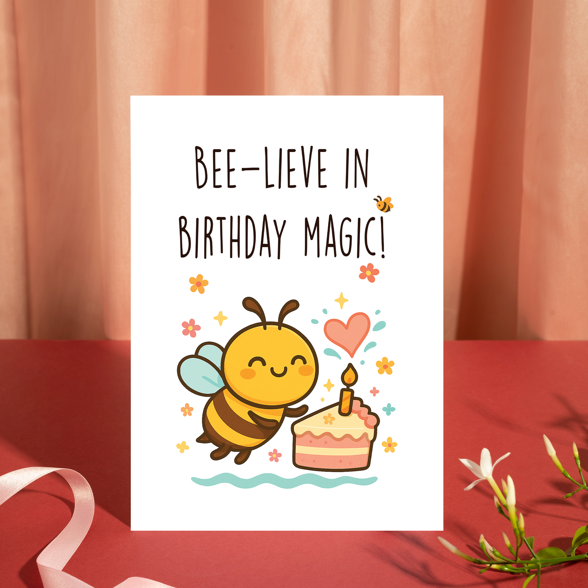 Adorable birthday card artwork showing a friendly bee and a slice of cake surrounded by flowers, sparkles, and soft colors. The playful illustration delivers a lighthearted and charming birthday message.