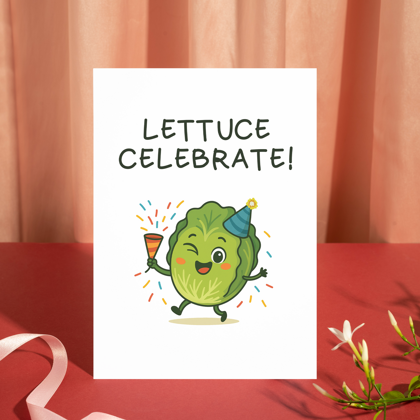 Playful lettuce character celebrating with party popper