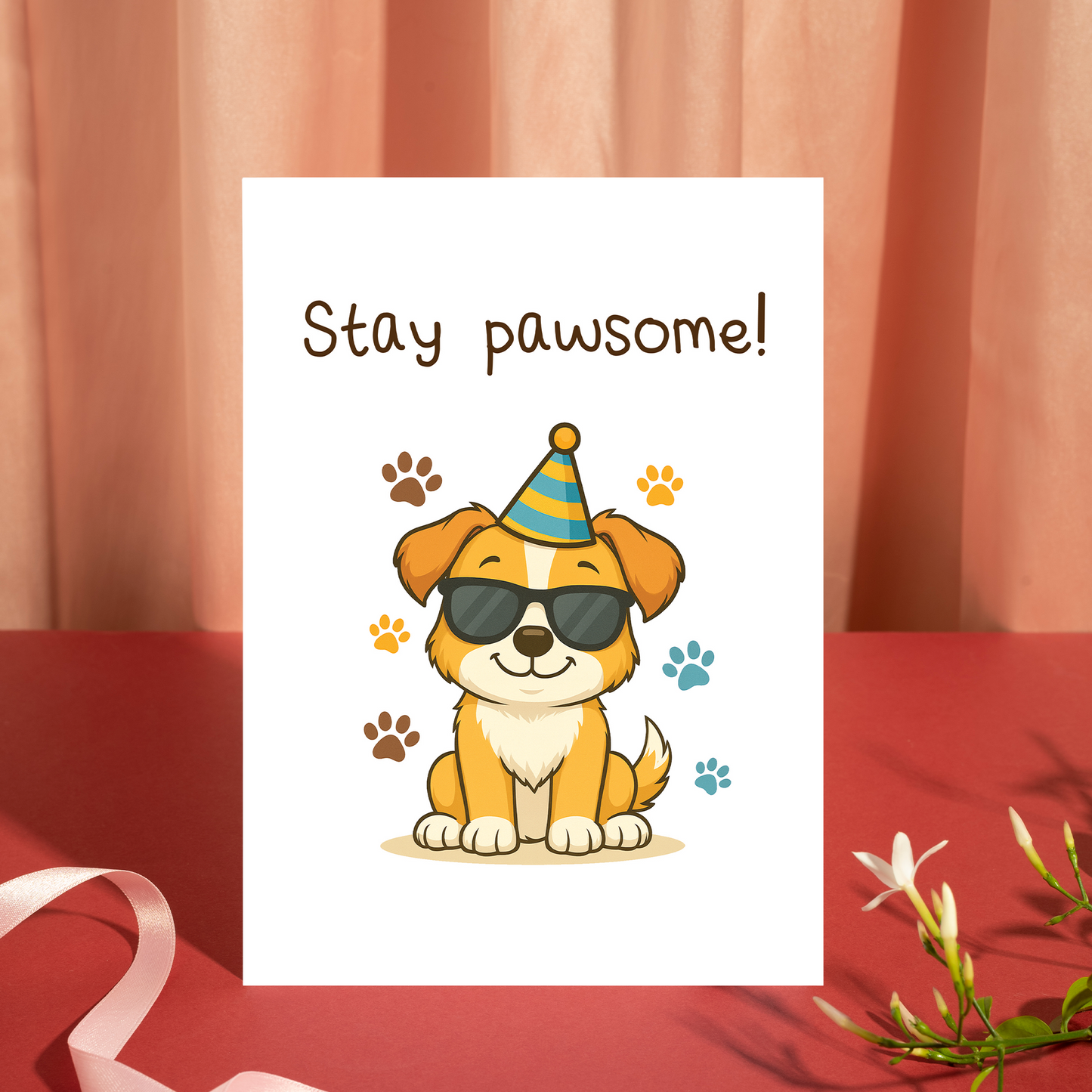 Fun dog-themed greeting card with a cartoon pup wearing sunglasses and celebrating in a party hat. The cheerful illustration and positive message make it ideal for birthdays or encouragement.