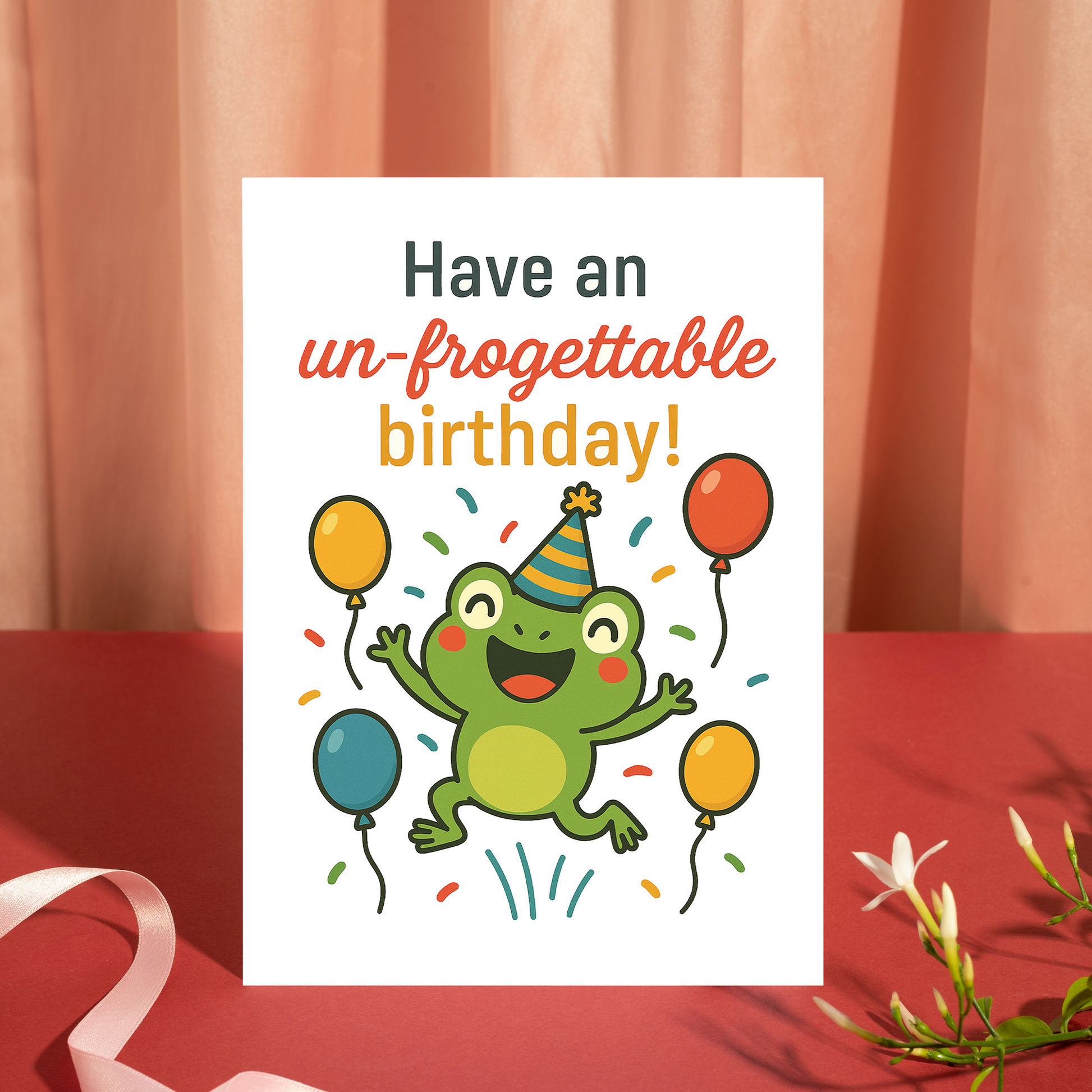 Playful birthday card showing a happy frog leaping in the air surrounded by balloons and confetti. The cute illustration and wordplay make it perfect for kids or casual birthday celebrations.