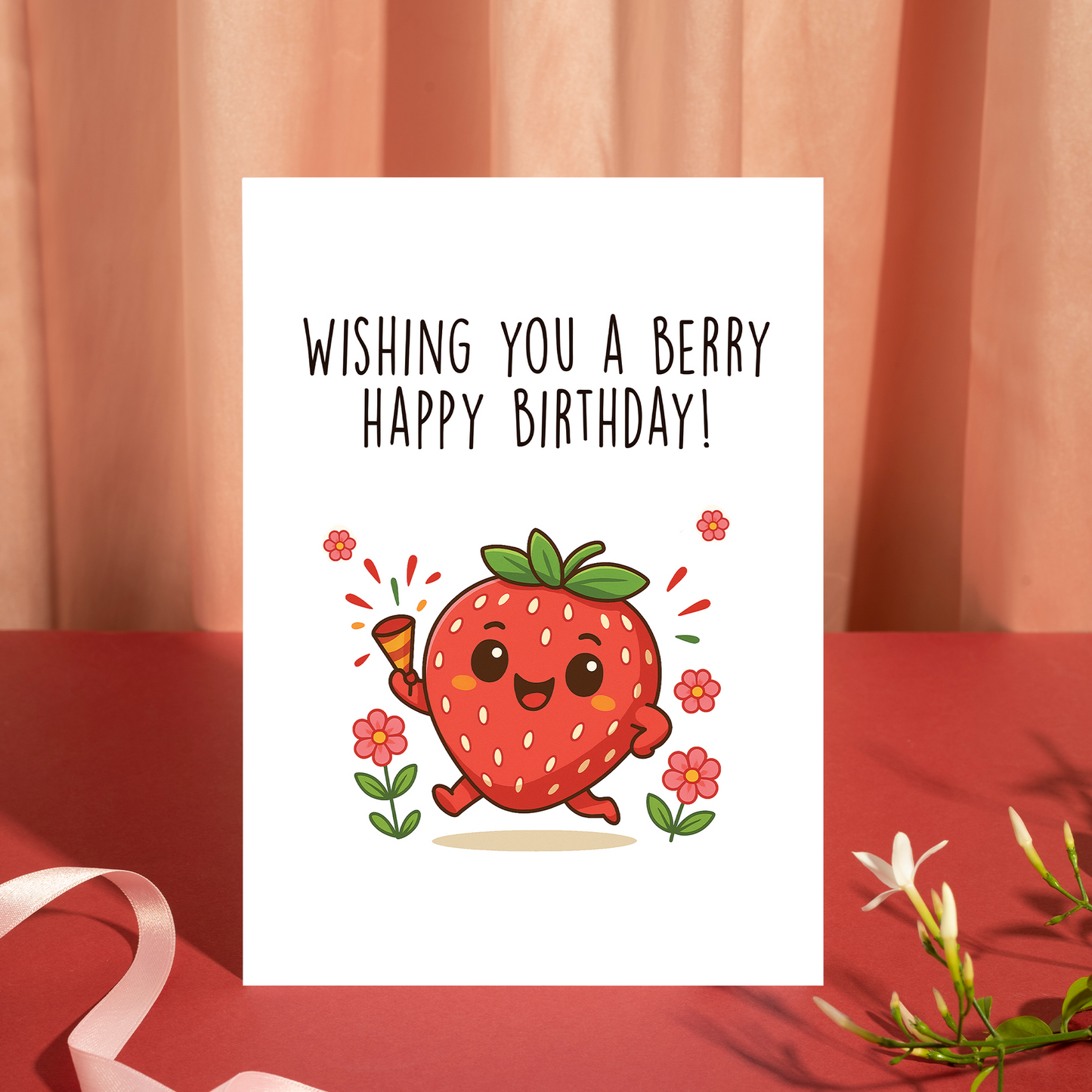 Playful fruit-themed birthday card with a cartoon strawberry character jumping happily while holding a party horn. The soft colors and cute details give the card a lighthearted and festive feel.