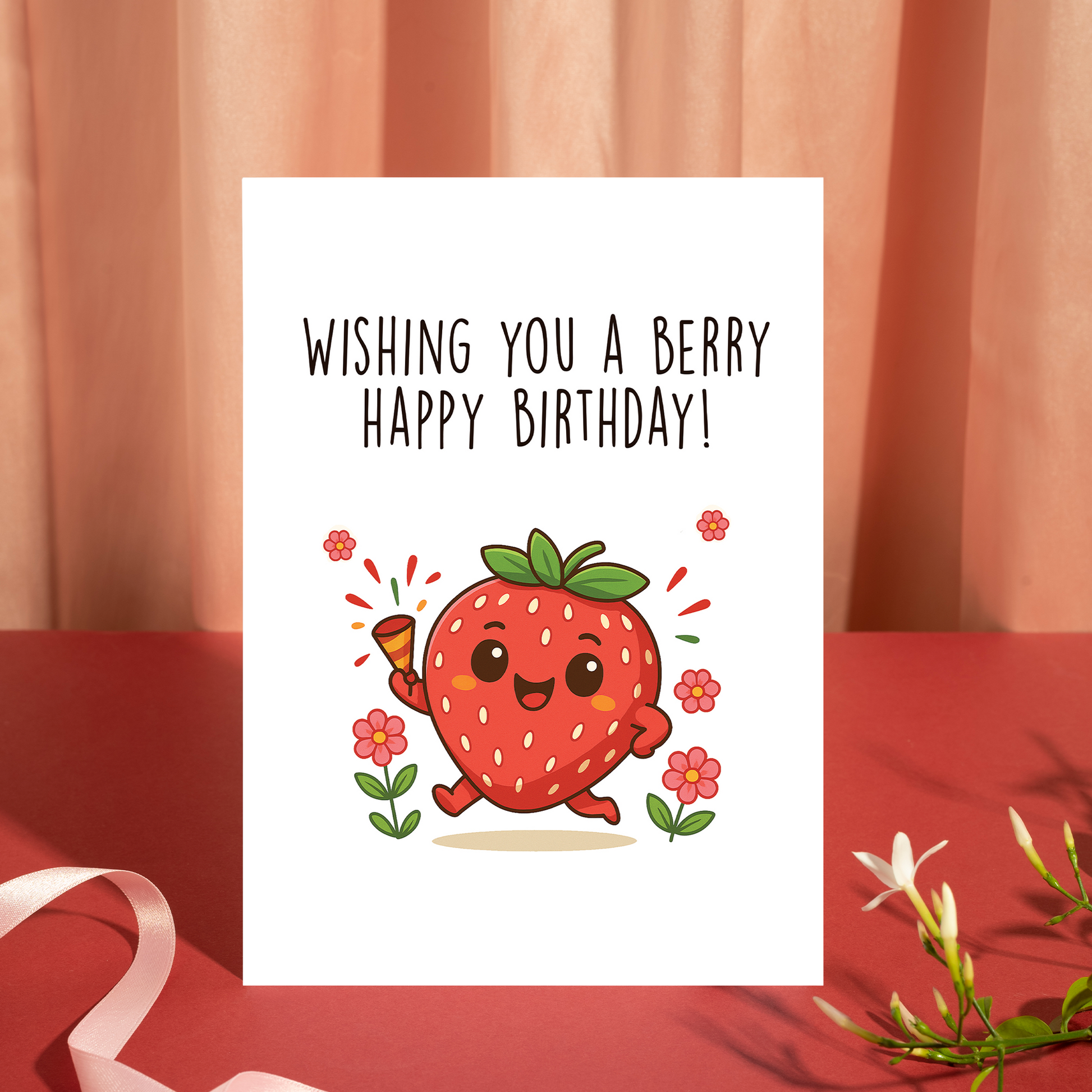 Playful fruit-themed birthday card with a cartoon strawberry character jumping happily while holding a party horn. The soft colors and cute details give the card a lighthearted and festive feel.