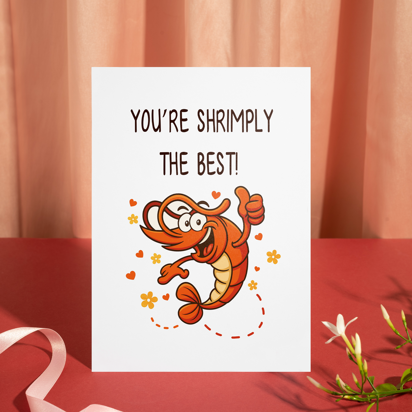 Adorable cartoon shrimp card showing a happy shrimp celebrating with hearts and motion details. The illustration feels fun, lighthearted, and perfect for sharing appreciation.