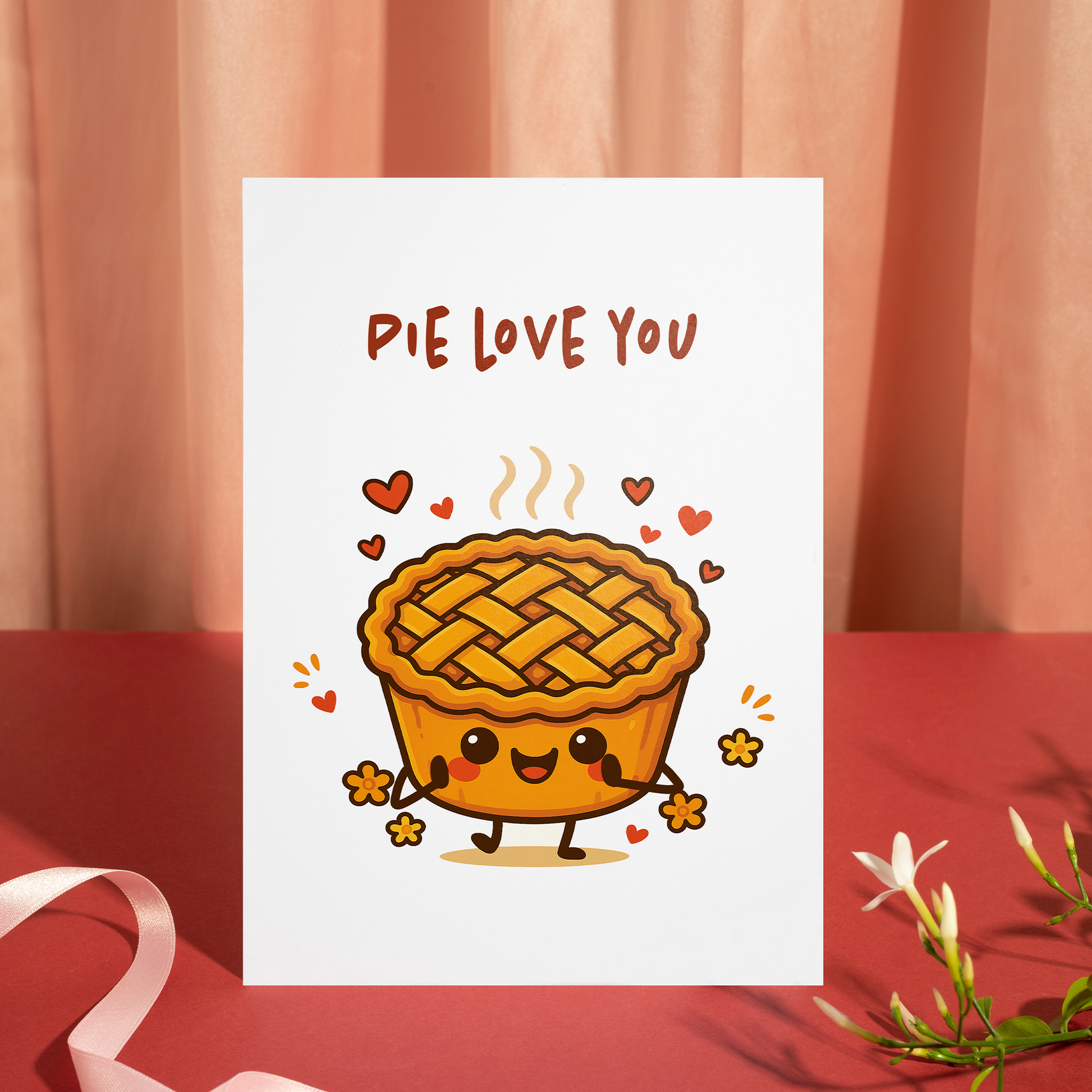 Adorable food-themed card showing a happy pie character with rosy cheeks and heart accents on a white background. The playful design communicates love in a sweet and cheerful way.