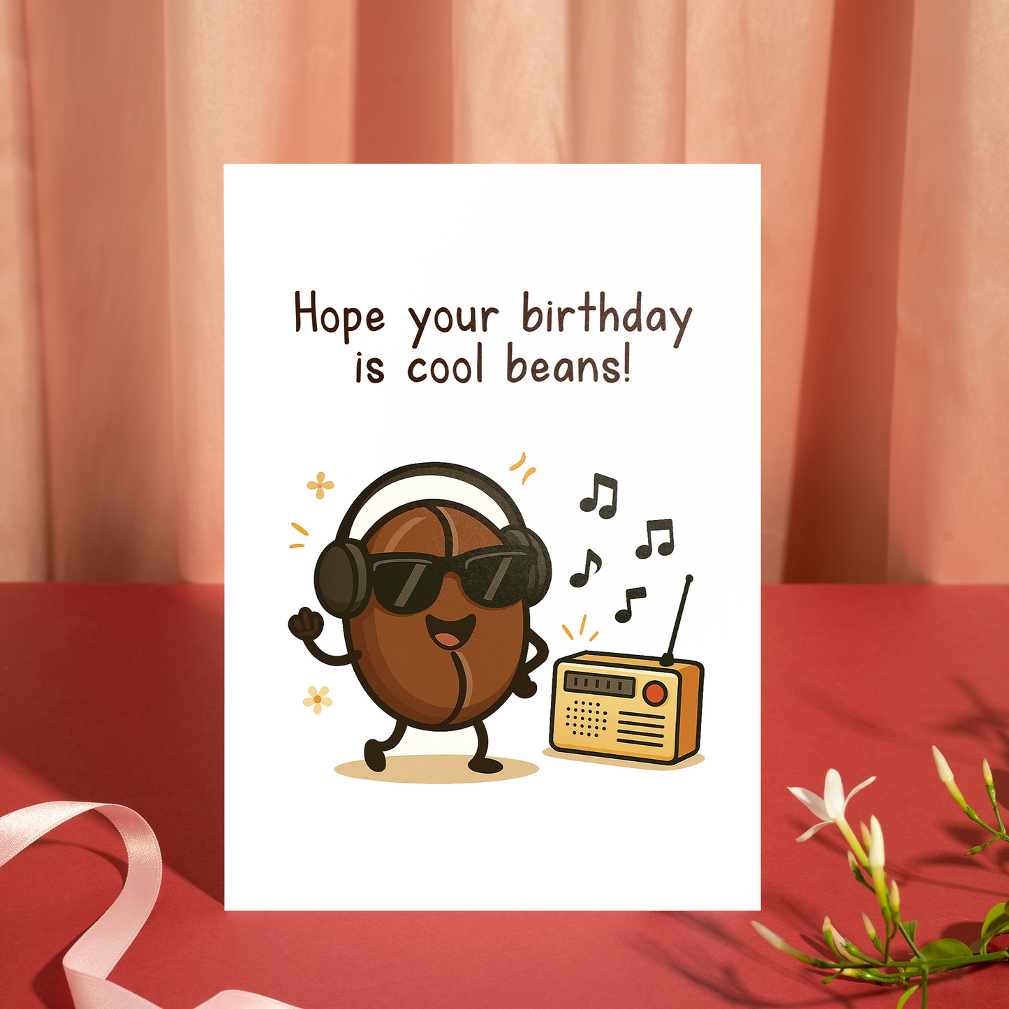 Adorable birthday card showing a happy coffee bean wearing headphones with musical notes floating nearby. The friendly illustration and fun wording add a relaxed and joyful birthday mood.