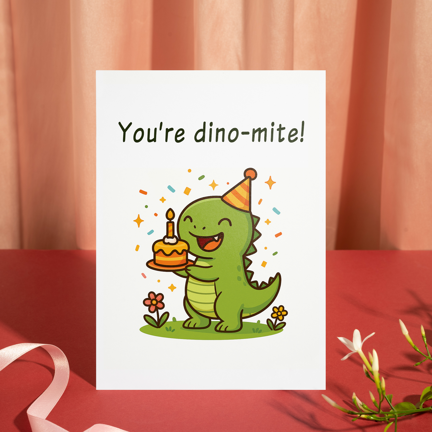 Whimsical birthday greeting card featuring a friendly dinosaur standing on grass and holding a candle-topped cake. The cute illustration delivers a lighthearted and playful birthday message.