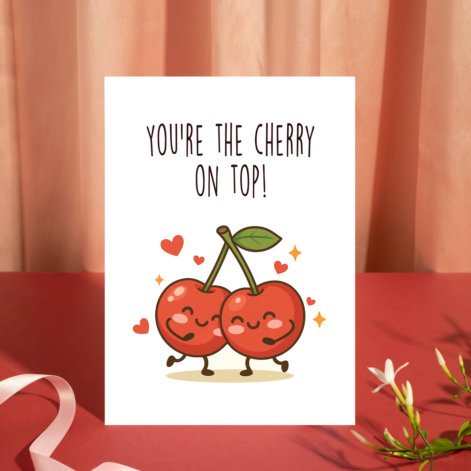 Playful greeting card with two cheerful cherries dancing together and expressing love through small heart icons. The design pairs a bright illustration style with the phrase “You’re the cherry on top” for a warm and uplifting message.