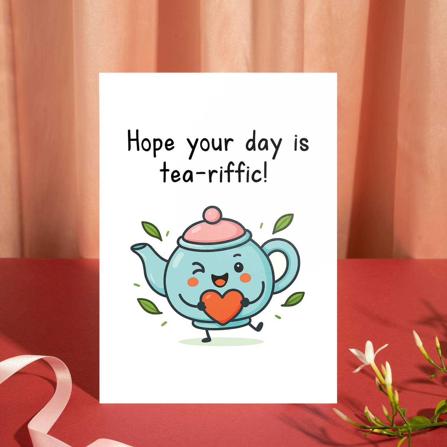 Whimsical greeting card showing a joyful teapot hugging a heart, surrounded by leaves and friendly details. The phrase “Hope your day is tea-riffic!” adds a lighthearted and comforting message.