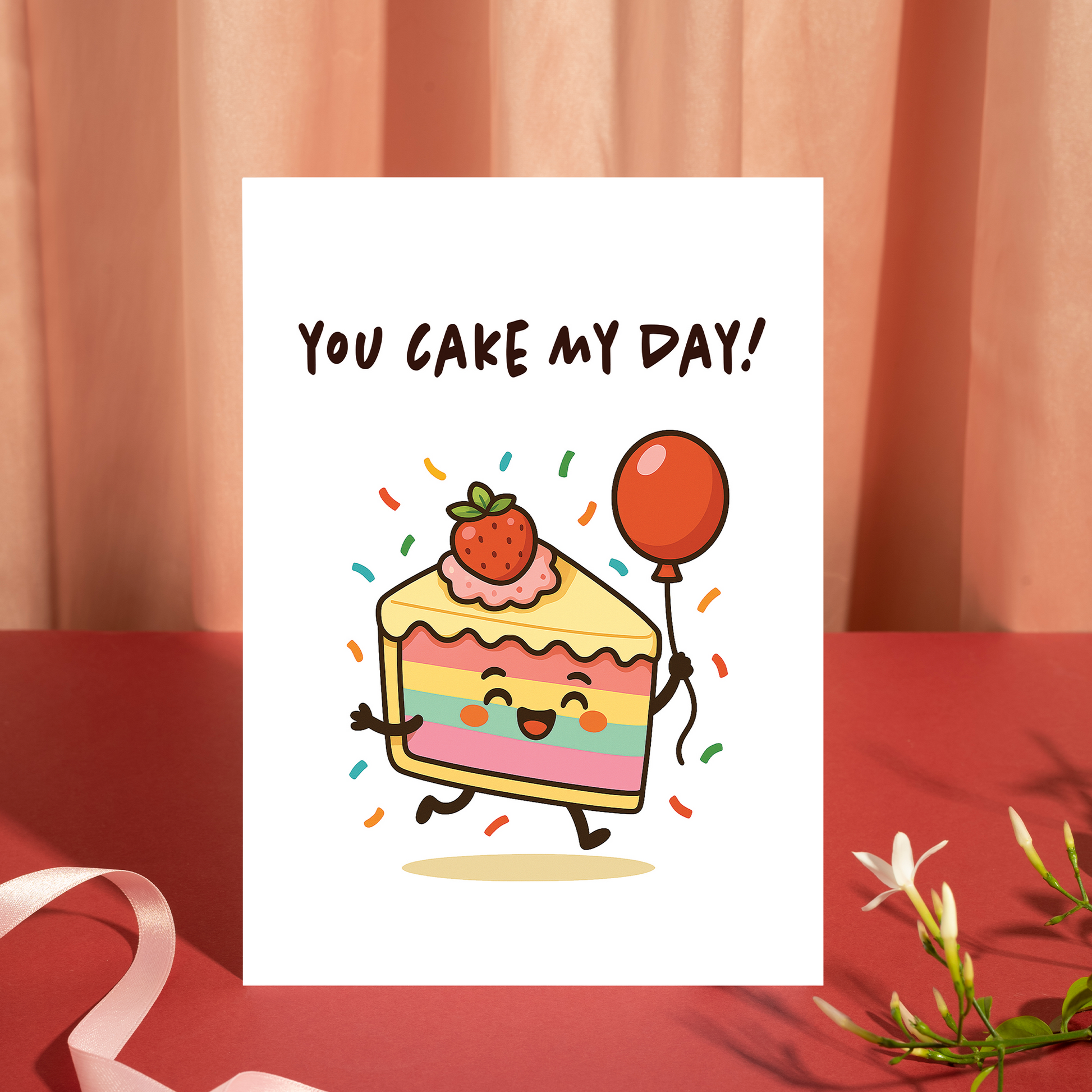 Whimsical birthday card artwork showing a smiling rainbow cake character dancing with confetti and holding a balloon. The illustration feels lighthearted and friendly, ideal for gifting to friends or loved ones.