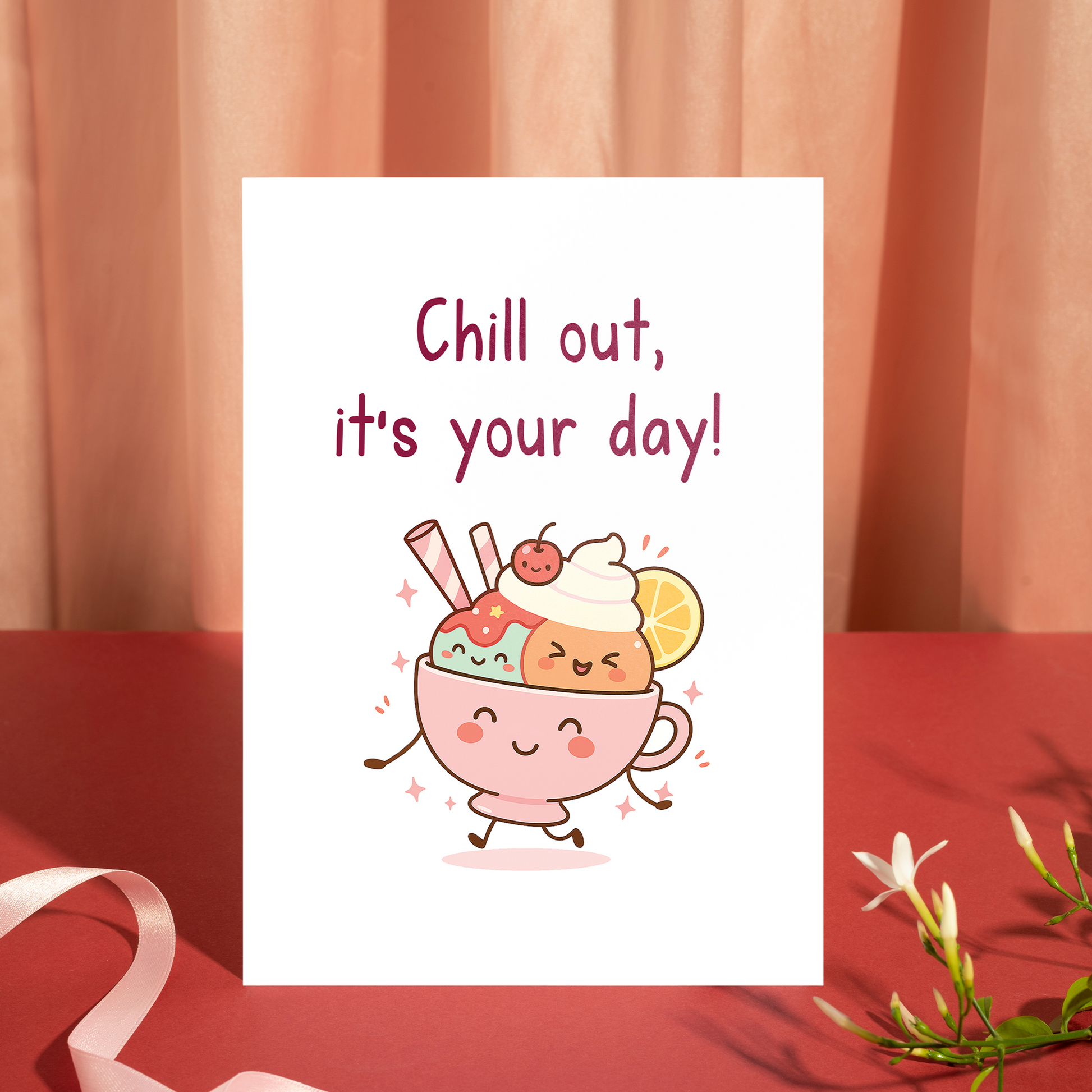 Smiling dessert cup filled with colorful ice cream, cherries, and soft pastel accents. This charming card design conveys joy, relaxation, and a lighthearted celebration vibe.