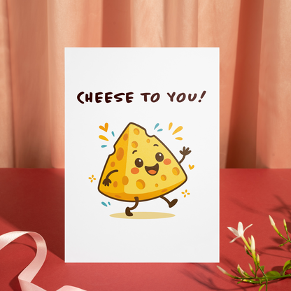Adorable cheese-themed birthday card with a cartoon cheese character spreading happy vibes through a simple and charming design. The fun illustration and friendly colors make it great for casual, modern birthday gifting.