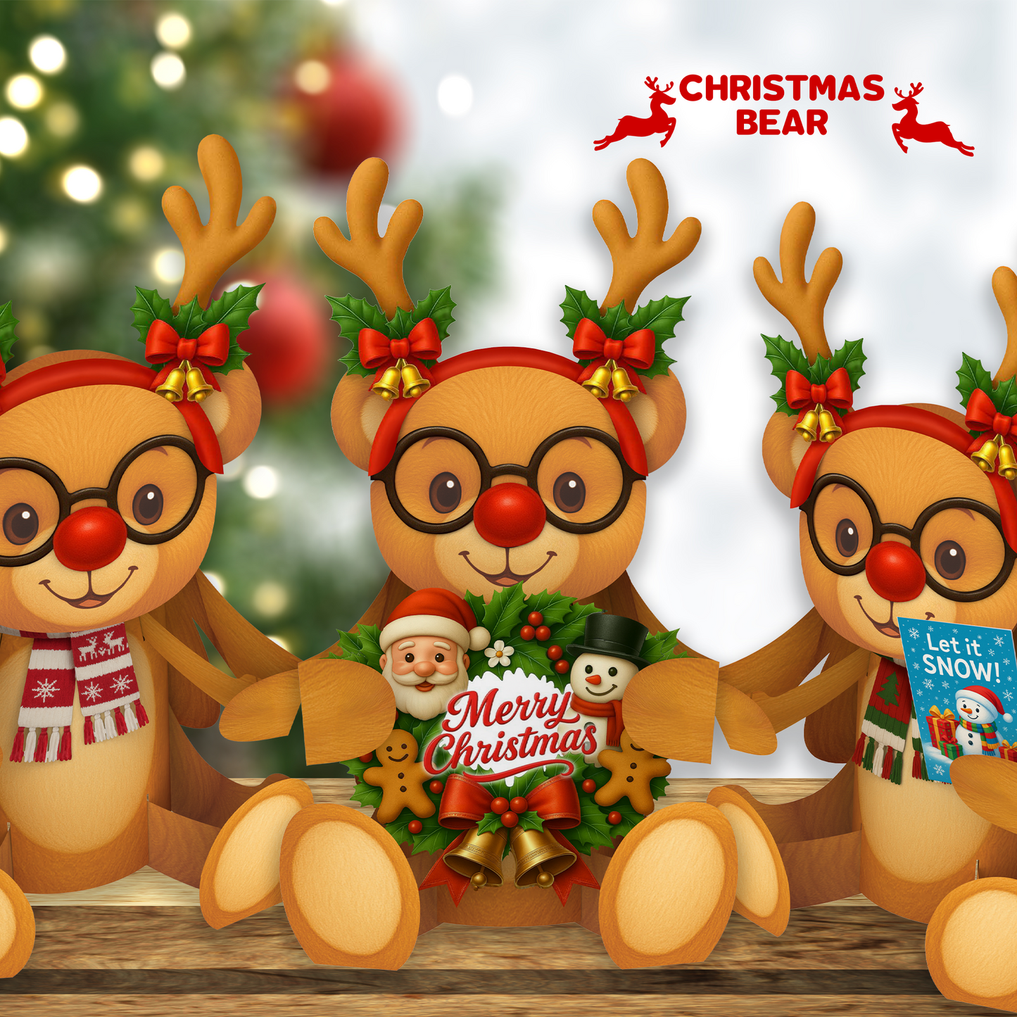 Three cartoon reindeer with Christmas-themed accessories on a festive background, featuring the 'Christmas Bear' brand.