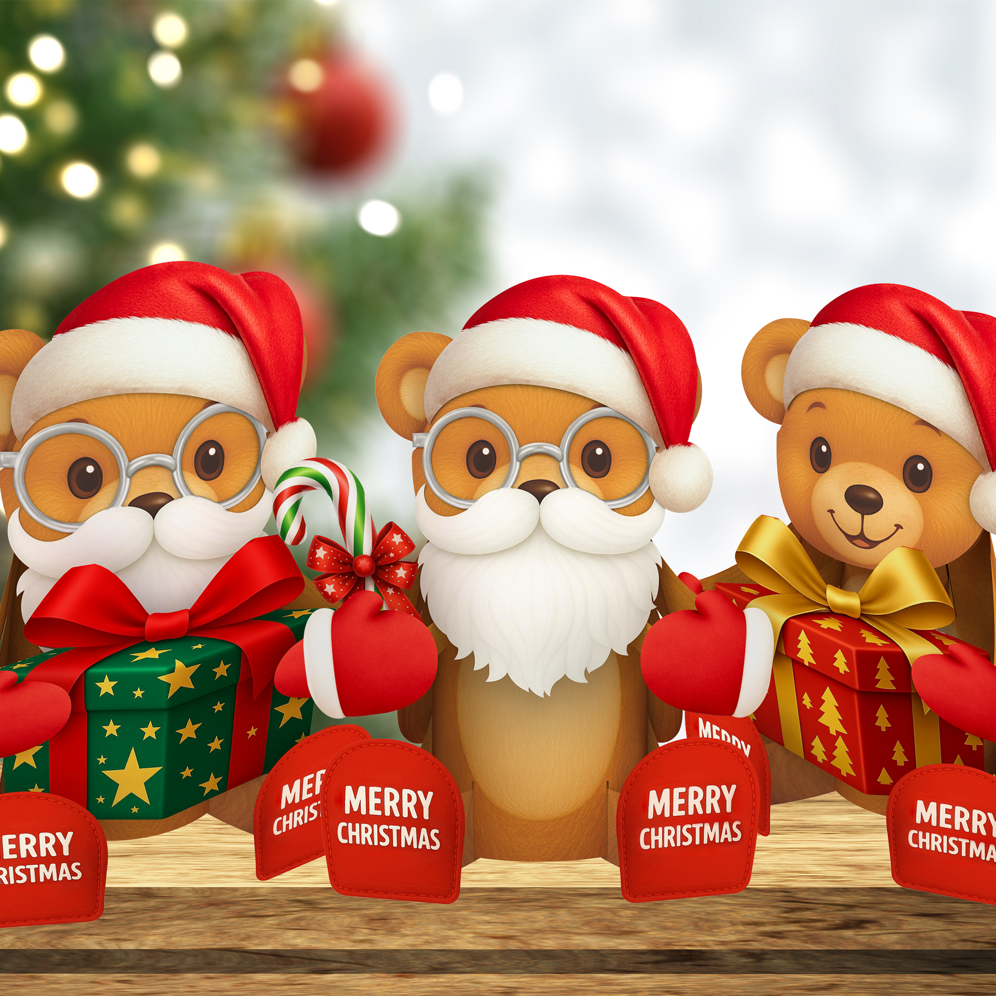 Three cartoon bears wearing Santa hats with Christmas presents and candy on a wooden surface.