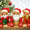 Three cartoon bears wearing Santa hats with Christmas presents and candy on a wooden surface.