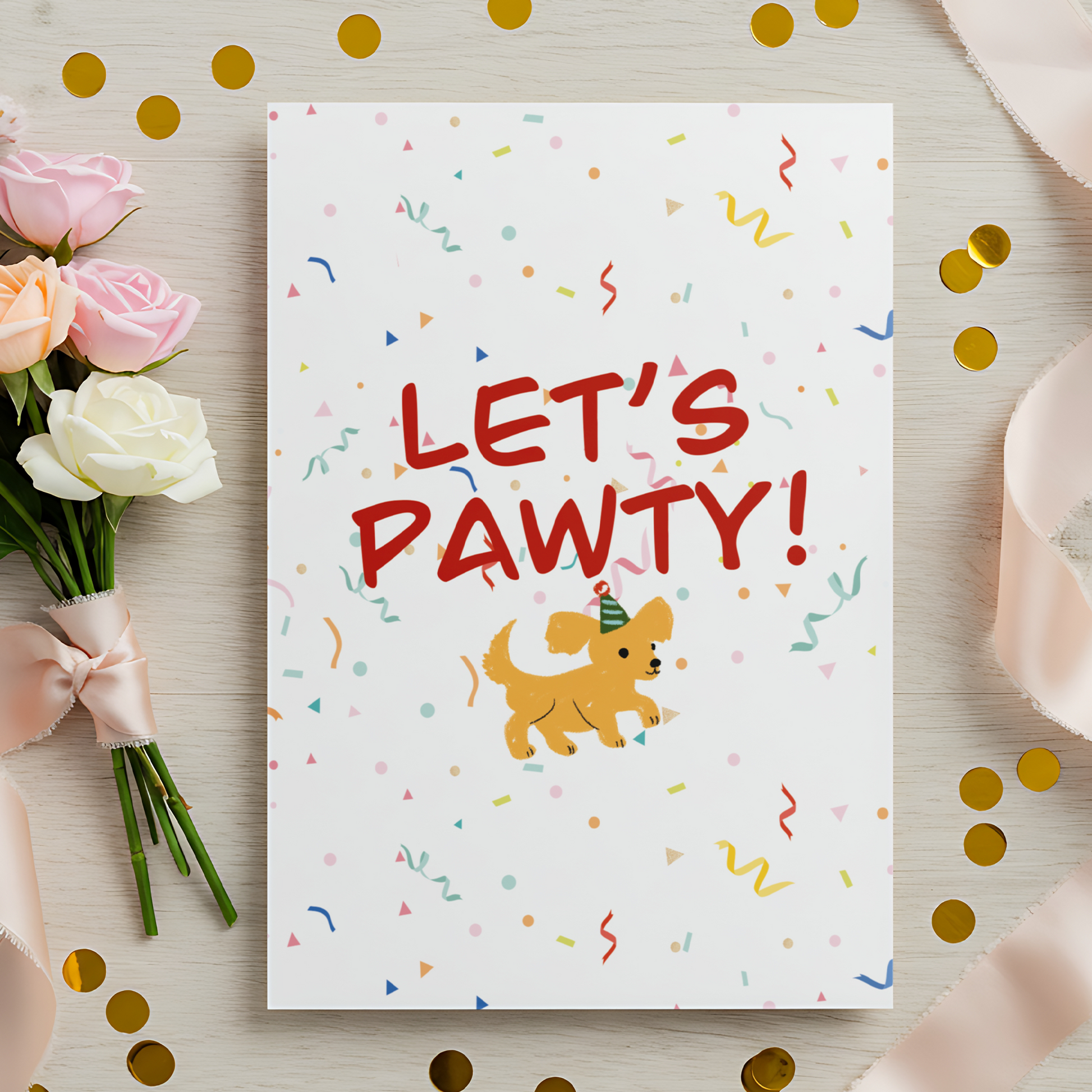 A fun birthday card showing a cute puppy in a party hat with colorful confetti scattered across a white background. The “Let’s Pawty!” message adds humor and charm, making this card ideal for dog lovers and cheerful birthday celebrations.