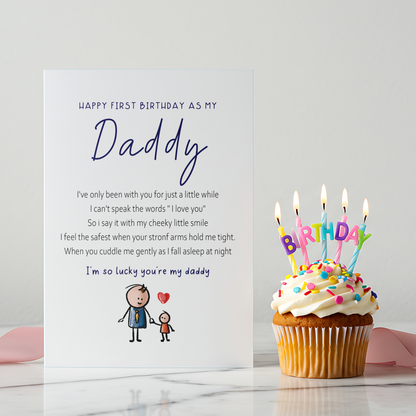 Minimalist daddy birthday card featuring a father and child illustration with a red heart detail. A sentimental card ideal for moms to gift their partner.