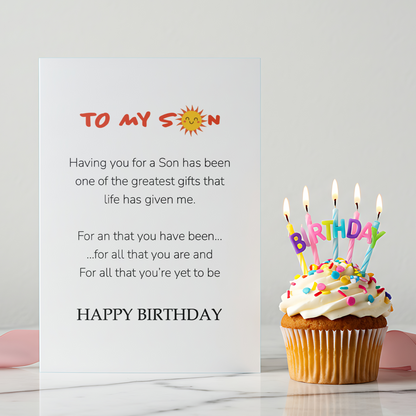 Sentimental birthday greeting card designed for a mother to give her son. The card highlights appreciation, love, and hopes for his future in a timeless style.