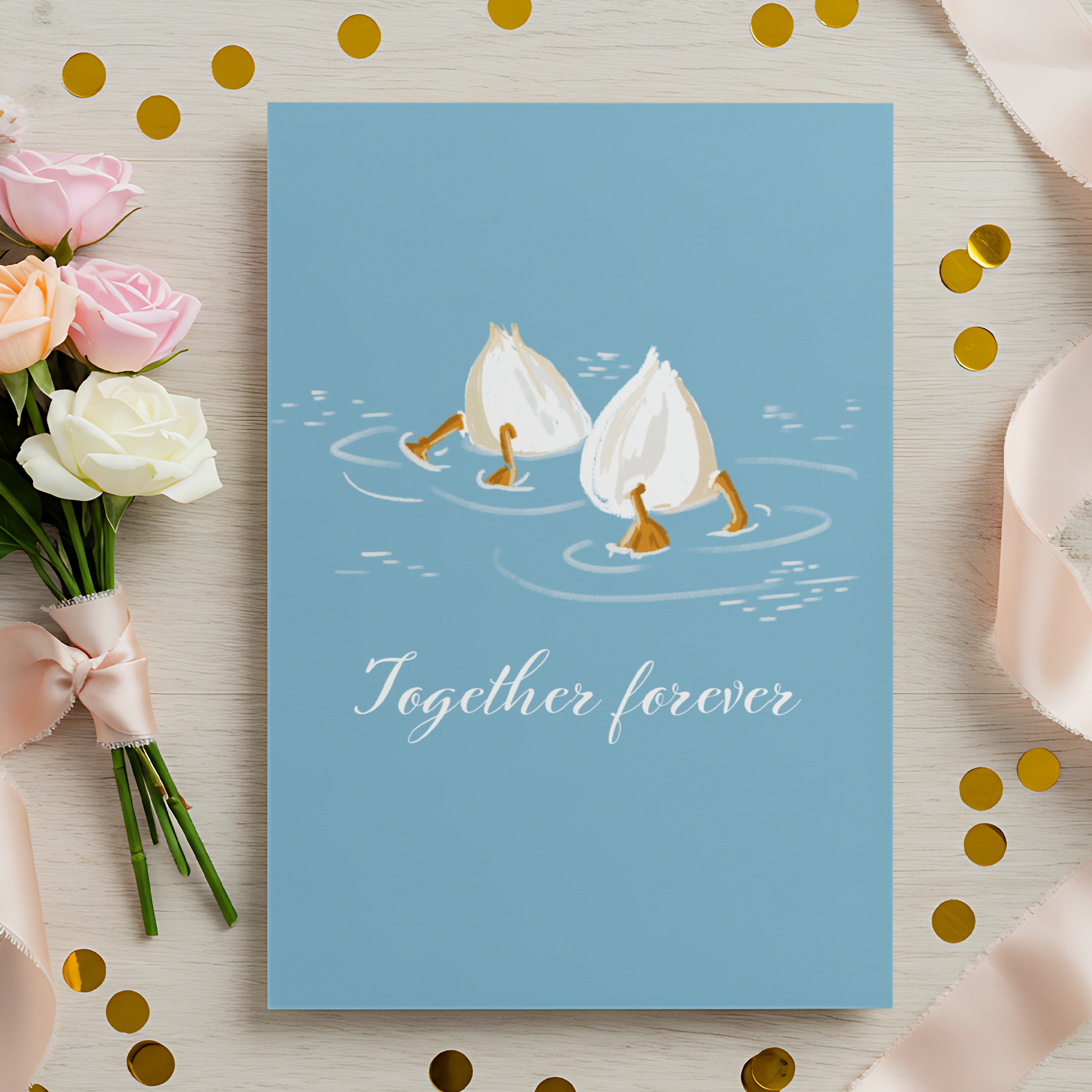 Romantic illustrated card with pastel colors showing two garlic characters symbolizing partnership and lasting love. Perfect for anniversaries, weddings, or thoughtful everyday gifting.