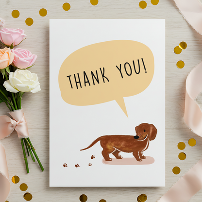 Whimsical thank you card featuring a smiling dog and paw prints. Ideal for customers looking for a cute and modern thank you card.