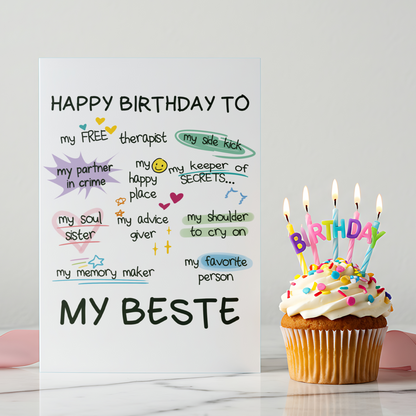 Cute and emotional birthday card for a best friend with bright colors and hand-drawn typography. The card expresses appreciation, trust, and love through fun and meaningful messages.