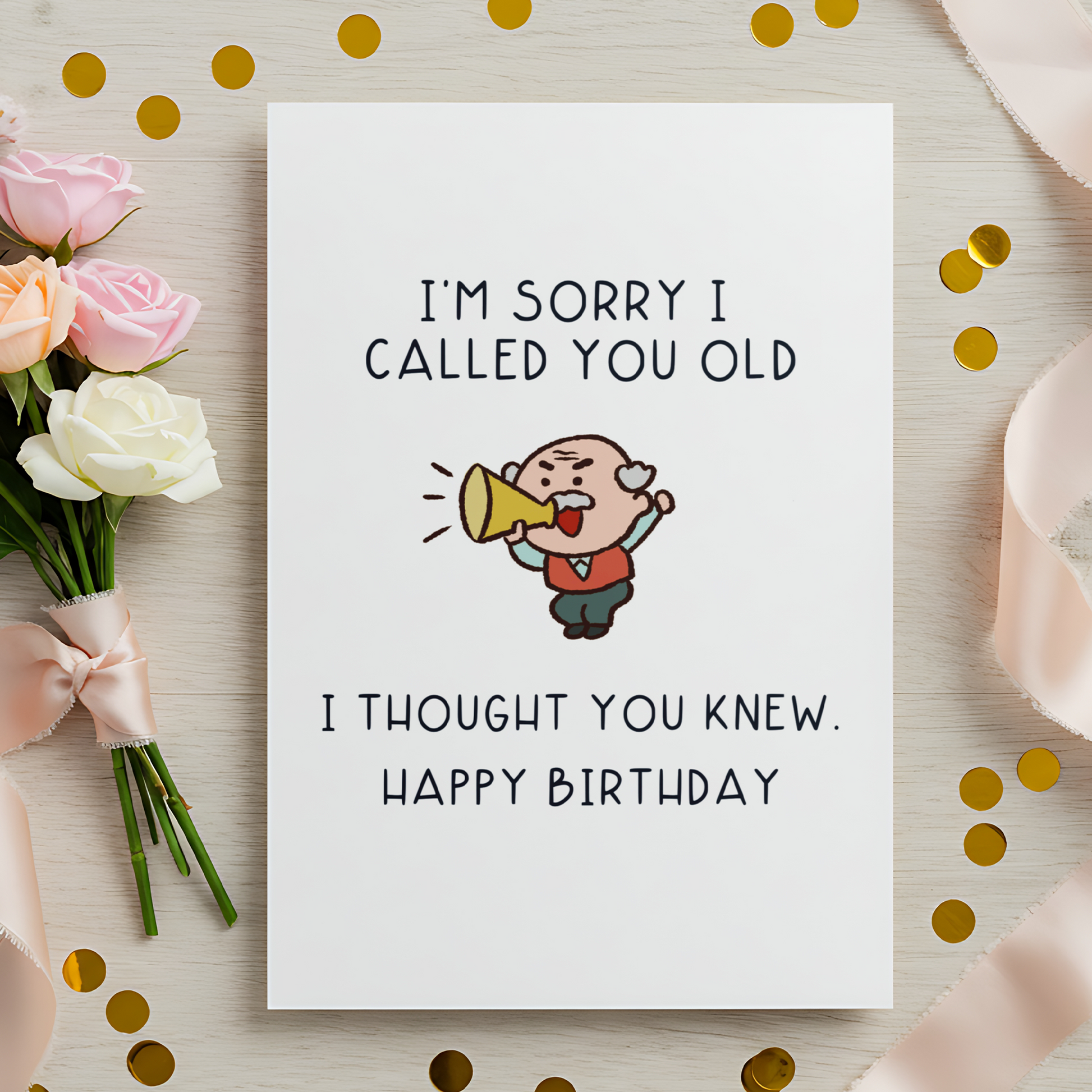Cute illustrated birthday card featuring a funny character and witty message. Ideal for gifting to friends or family with a good sense of humor.