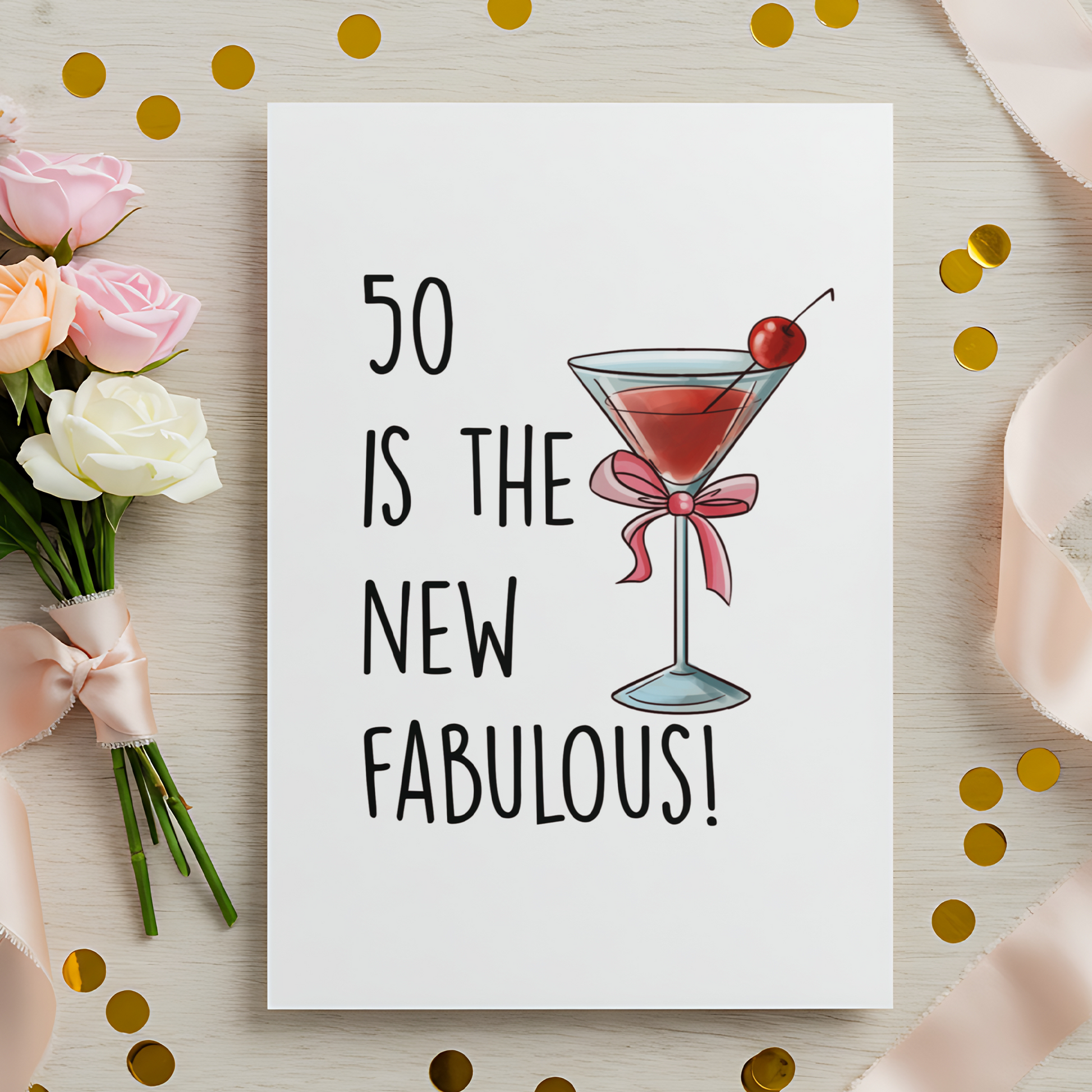 Elegant and playful 50th birthday greeting card with a martini illustration and bold typography. Ideal for friends, sisters, or coworkers turning fifty.