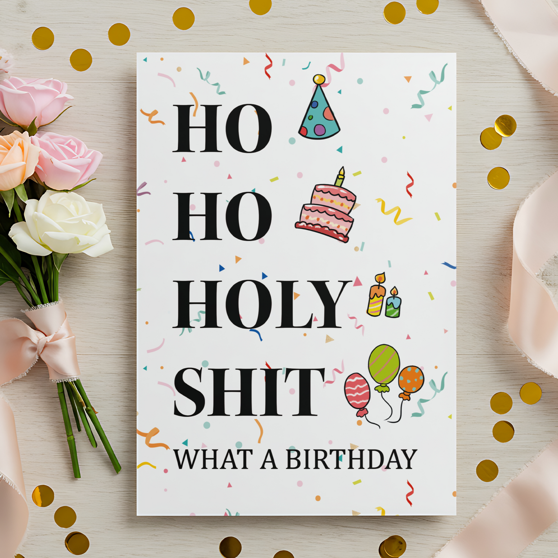 Modern birthday card with large black text and colorful illustrated decorations scattered across the design. A great option for casual, humorous gifting for adults.