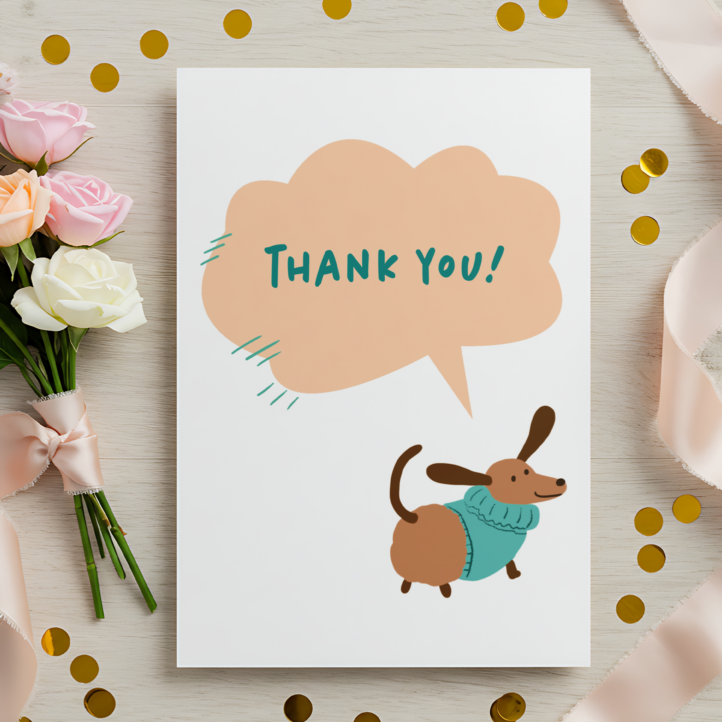 Modern illustrated thank you card with a cute dog and soft pastel colors. A charming option for everyday appreciation.