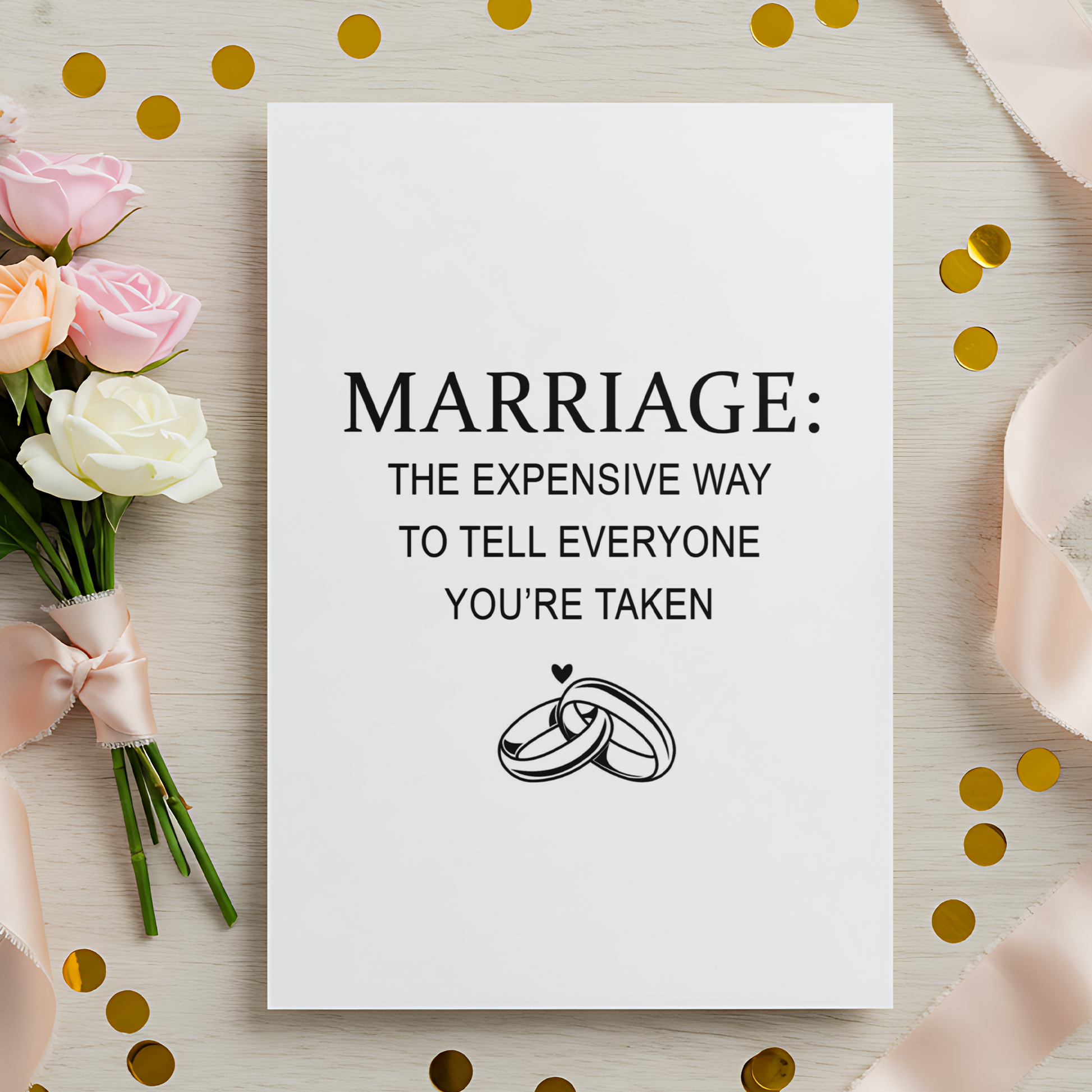 A funny marriage-themed card with minimalist typography and a playful message about being taken. The understated design and adult humor make it ideal for modern couples and wedding gifting.