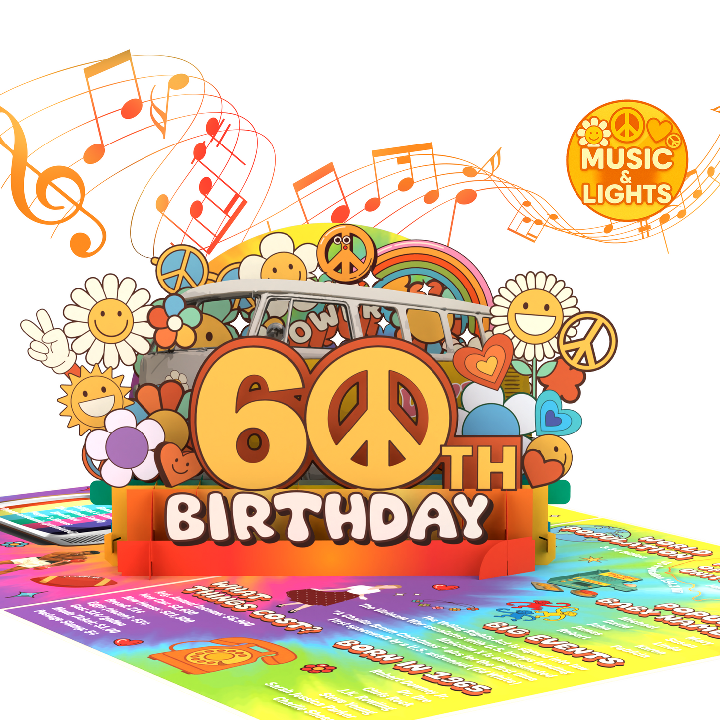 Colorful 60th birthday card with peace signs, flowers, and musical notes on a white background.