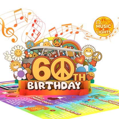 Colorful 60th birthday card with peace signs, flowers, and musical notes on a white background.
