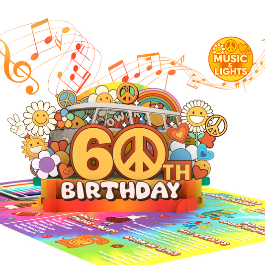 Colorful 60th birthday card with peace signs, flowers, and musical notes on a white background.