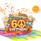 Colorful 60th birthday card with peace signs, flowers, and musical notes on a white background.