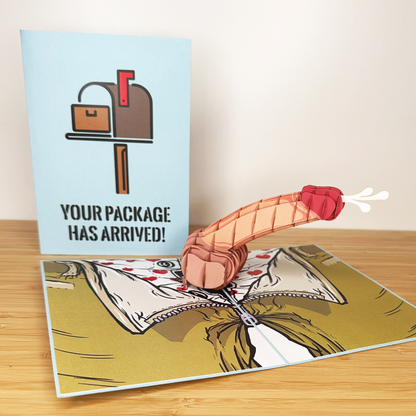 A pop-up card with a 3D pink and red worm ( DICK ) -like figure sits next to a blue card featuring an illustration of a mailbox with a package inside. The text on the blue card reads YOUR PACKAGE HAS ARRIVED!
