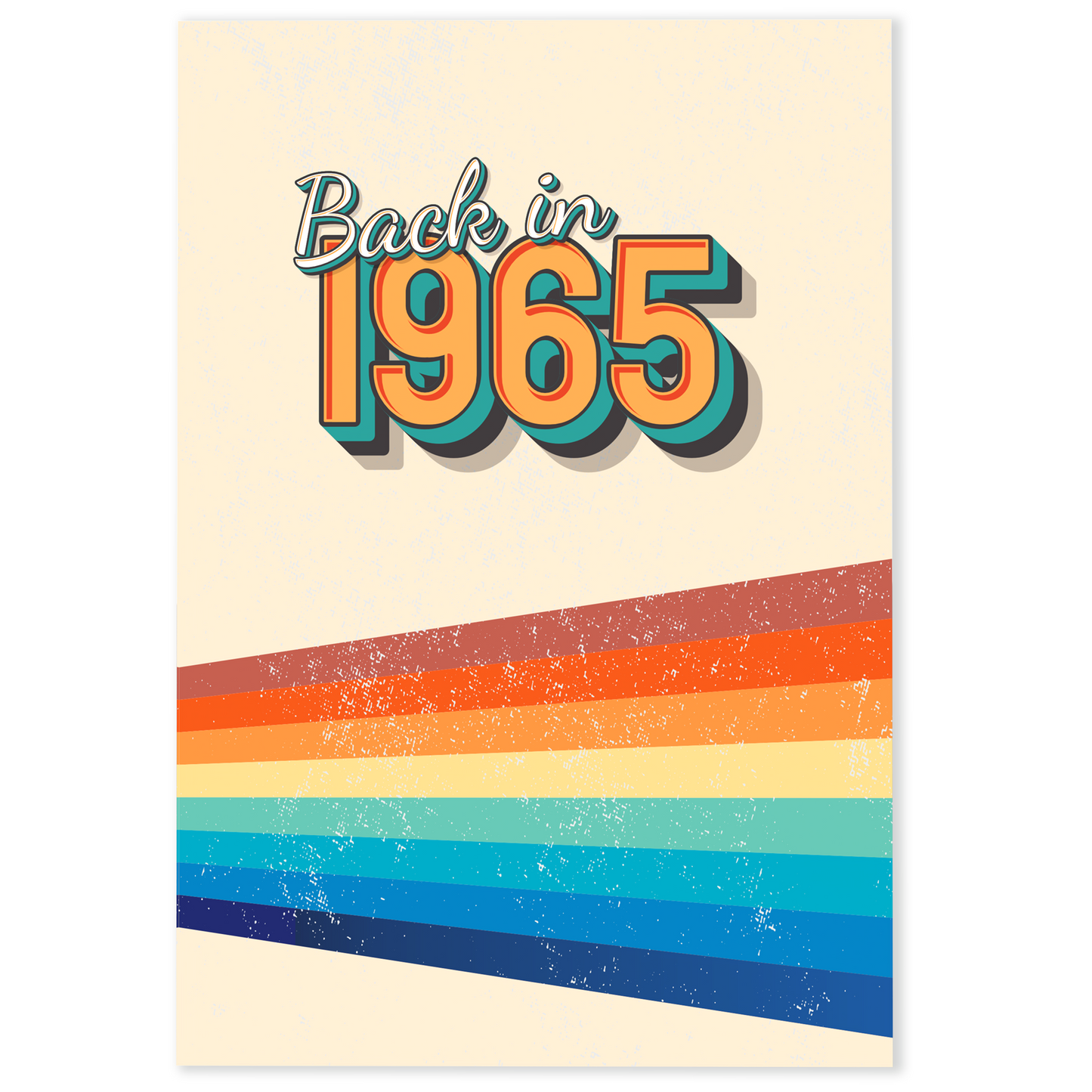 Poster with 'Back in 1965' text on a retro-style background with colorful stripes.
