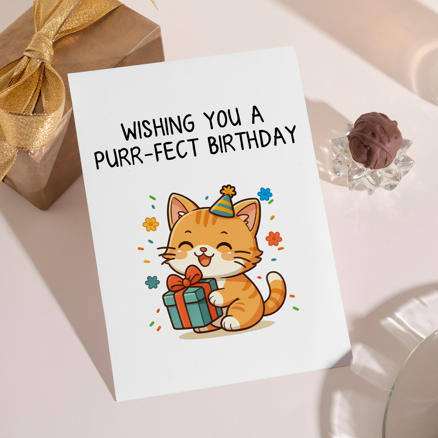 Charming birthday greeting card with an orange cat character holding a gift and celebrating with confetti. The purr-fect birthday message combines cute illustration style with a fun cat-themed pun.