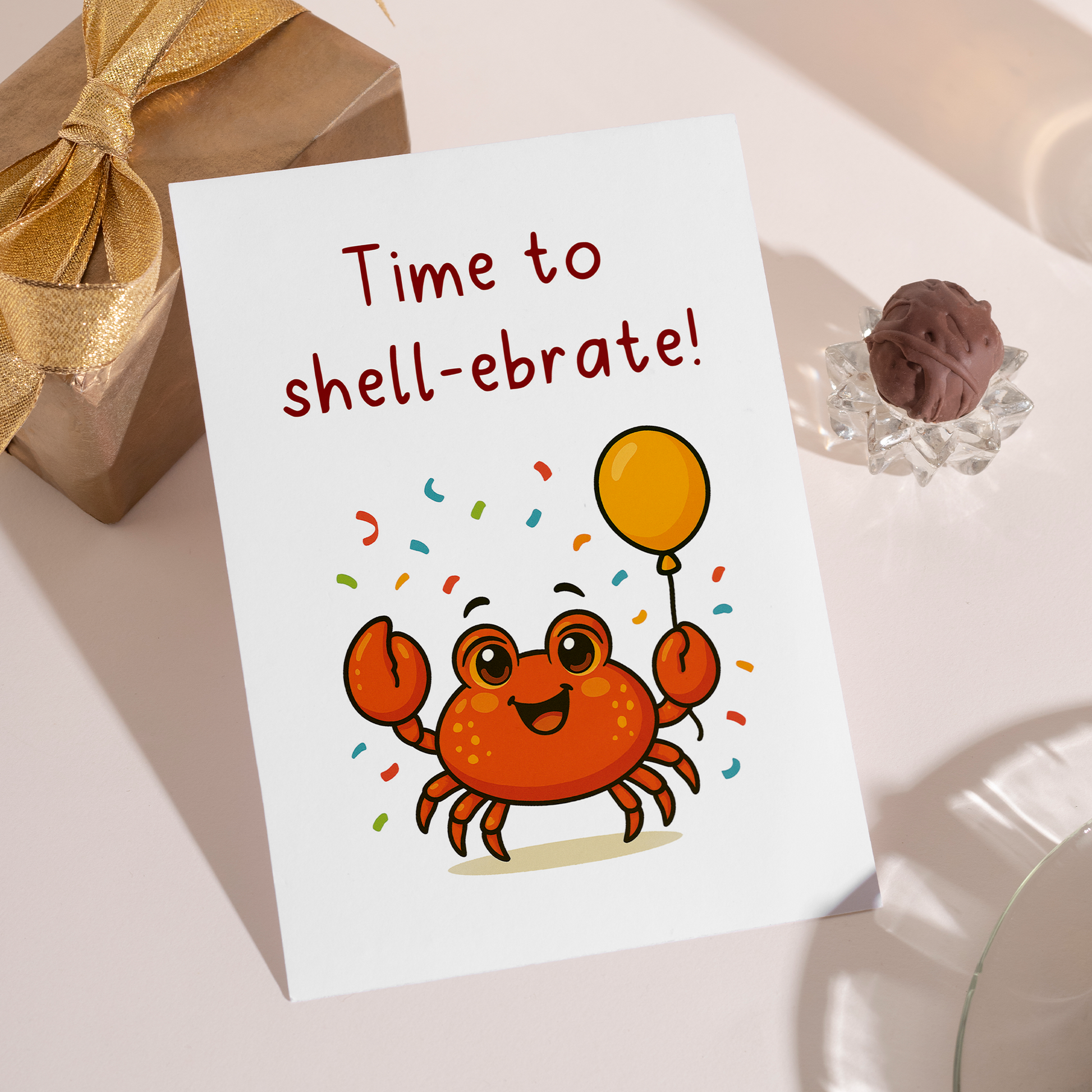 Kids birthday card featuring happy crab illustration