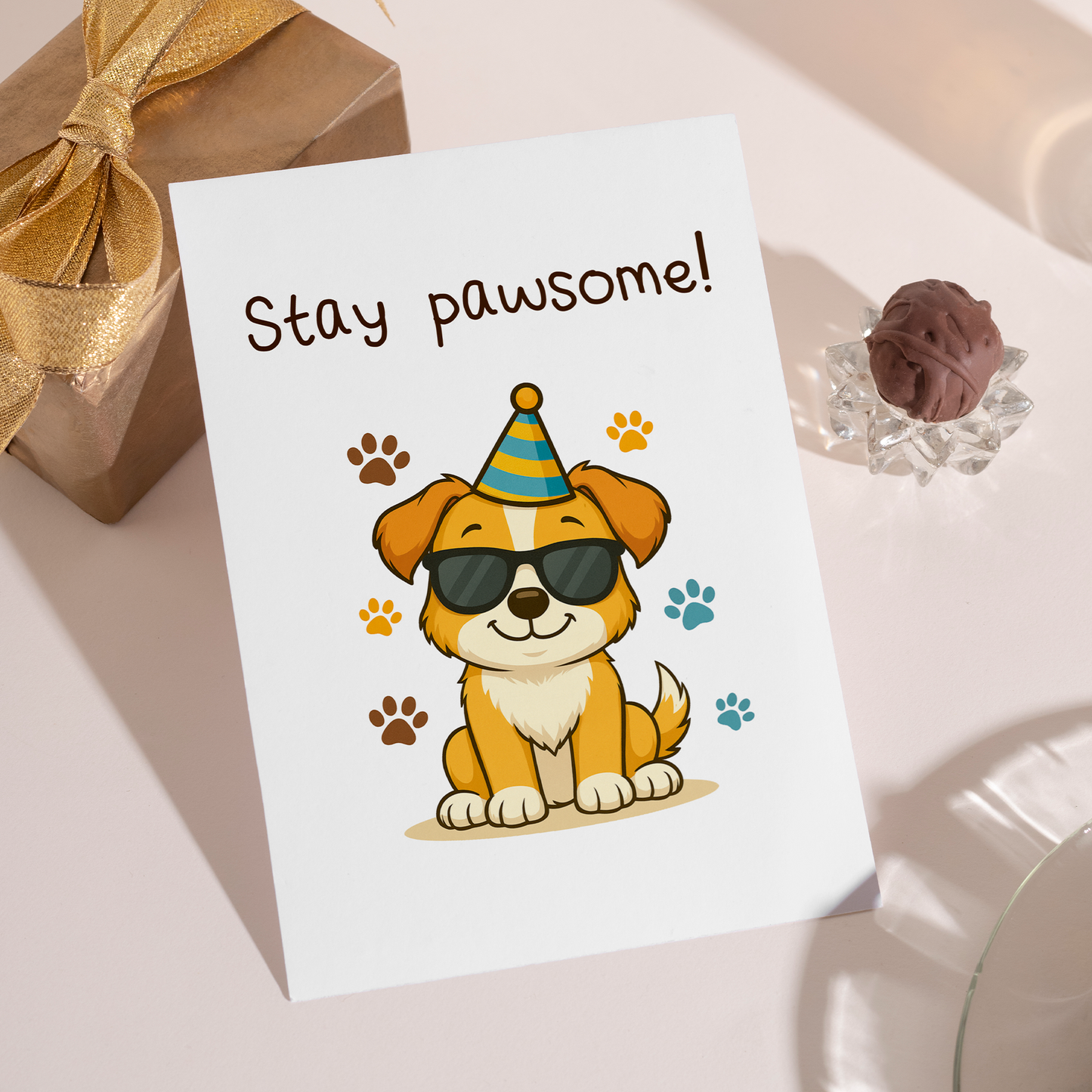 Playful card featuring a cute dog character dressed in sunglasses and a party hat, surrounded by paw prints. The lighthearted design and pawsome message add a happy and uplifting feel.