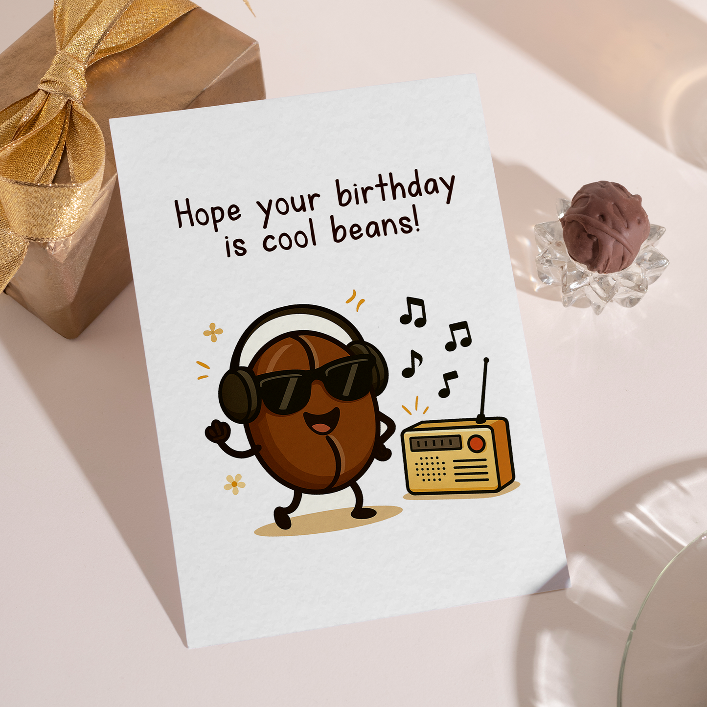 Playful birthday card illustration of a dancing coffee bean next to a retro radio. The cute character and coffee-themed pun make this card feel warm, fun, and easy to gift.