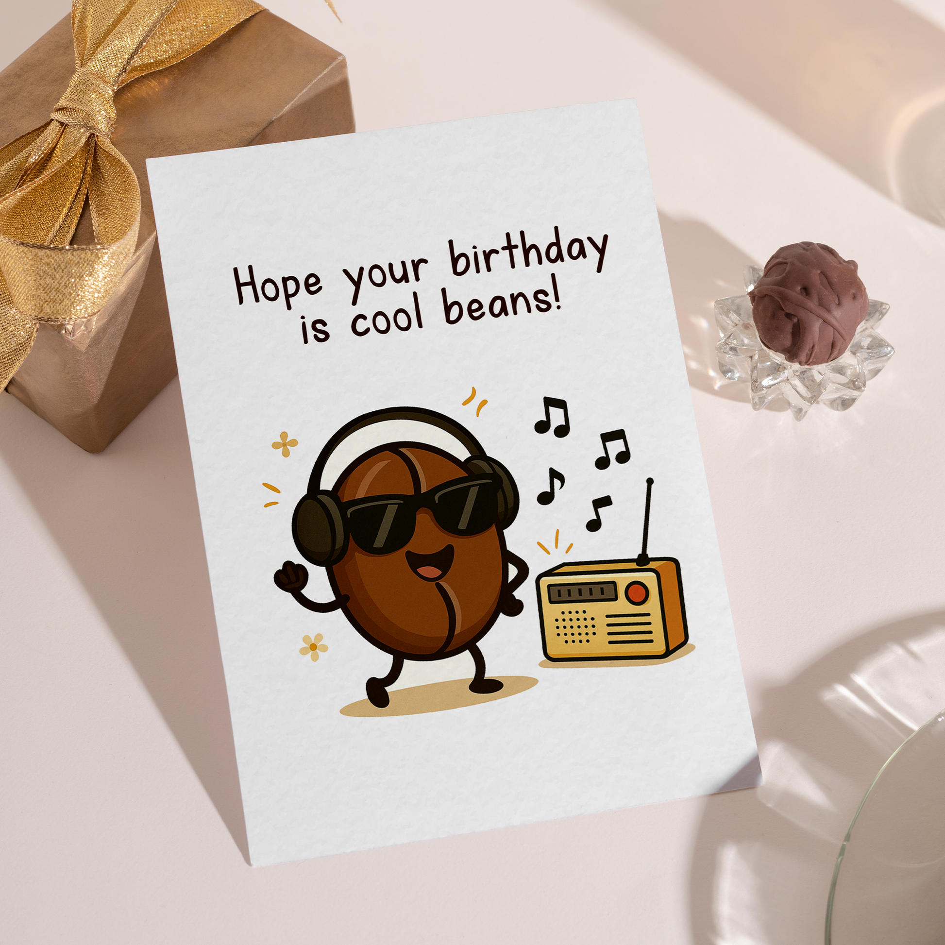 Playful birthday card illustration of a dancing coffee bean next to a retro radio. The cute character and coffee-themed pun make this card feel warm, fun, and easy to gift.