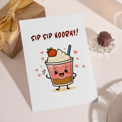 Whimsical greeting card featuring a cute pink drink character with hearts floating around. The friendly expression and pastel palette create an uplifting and joyful vibe.