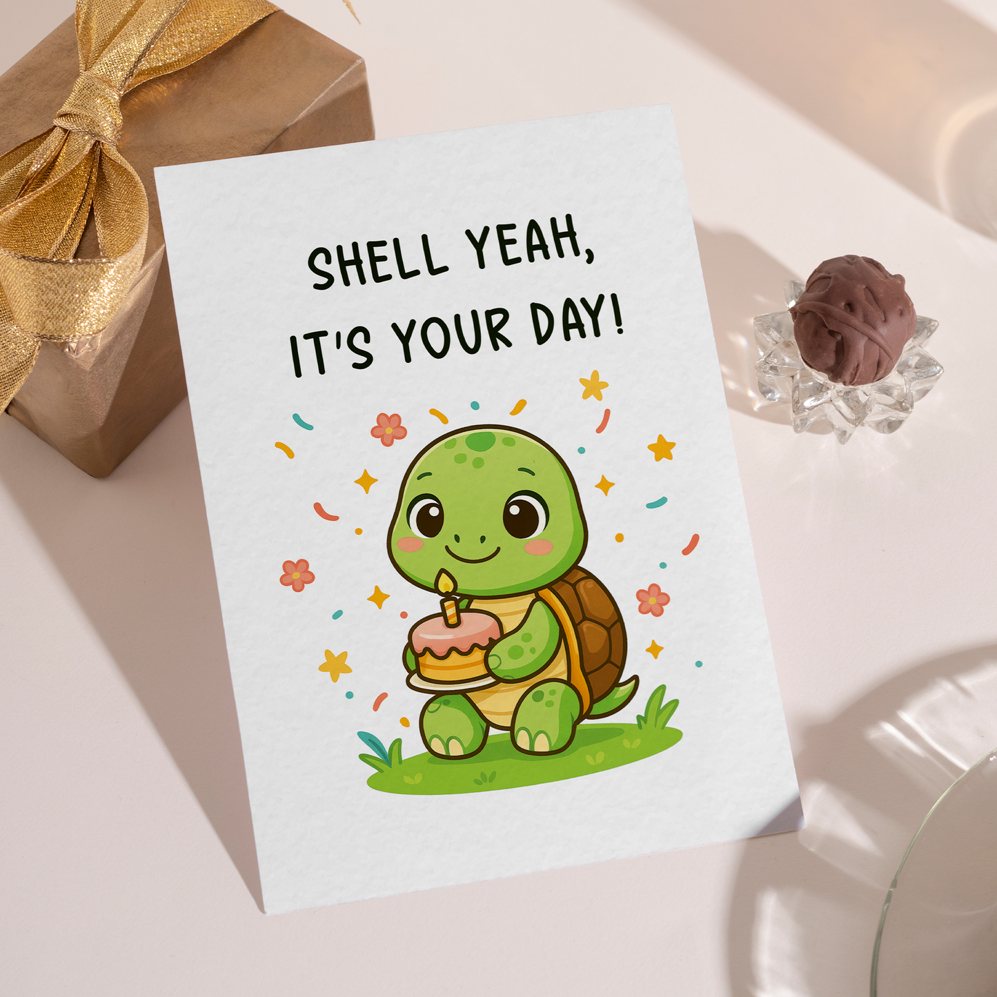 Cute animal birthday card with a sweet turtle enjoying a birthday moment with cake. The soft illustration style and pastel accents create a calm and joyful celebration vibe.