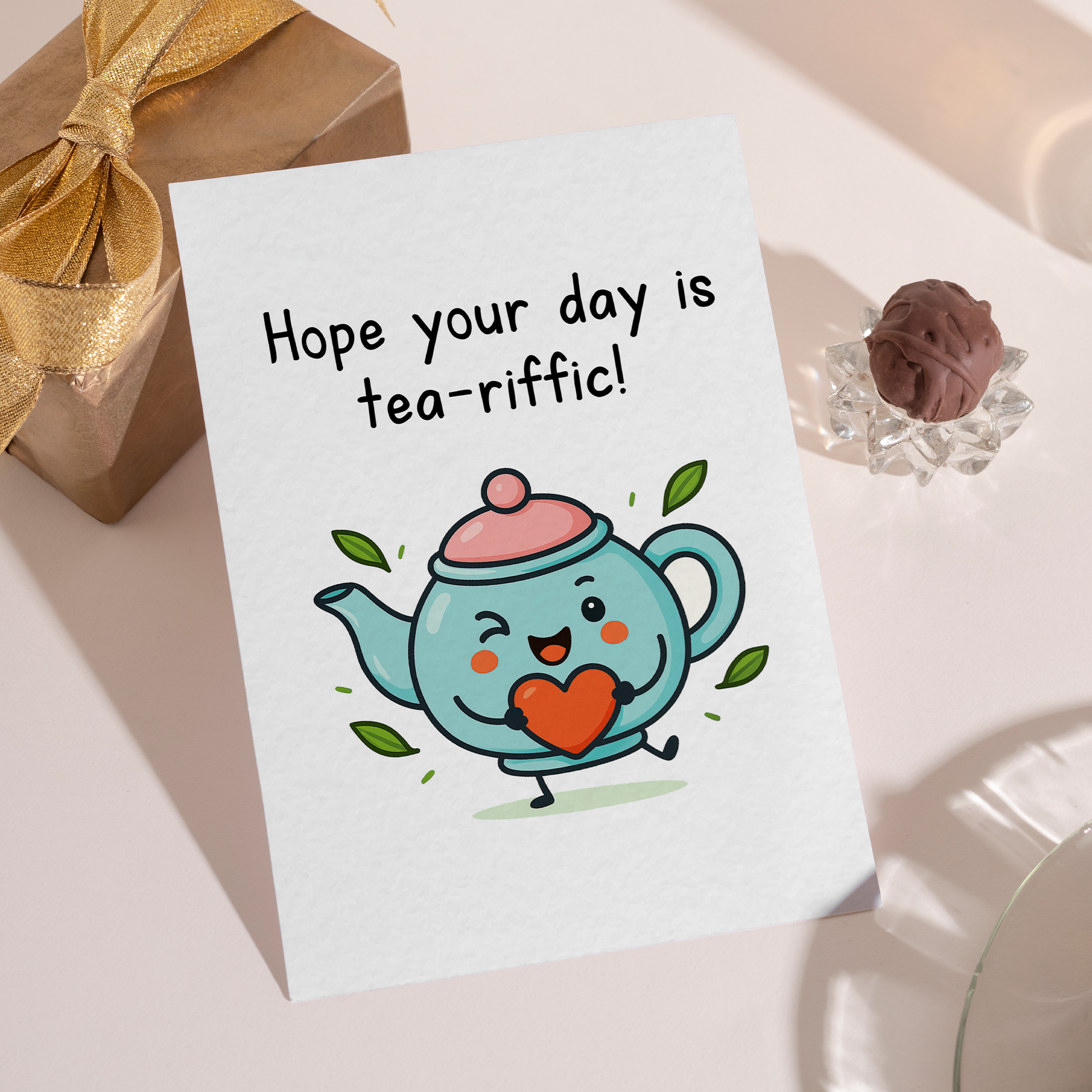 Charming illustrated card featuring a smiling teapot holding a heart, designed in a cute and modern style. This tea pun greeting card is perfect for sharing encouragement, friendship, or a simple smile.
