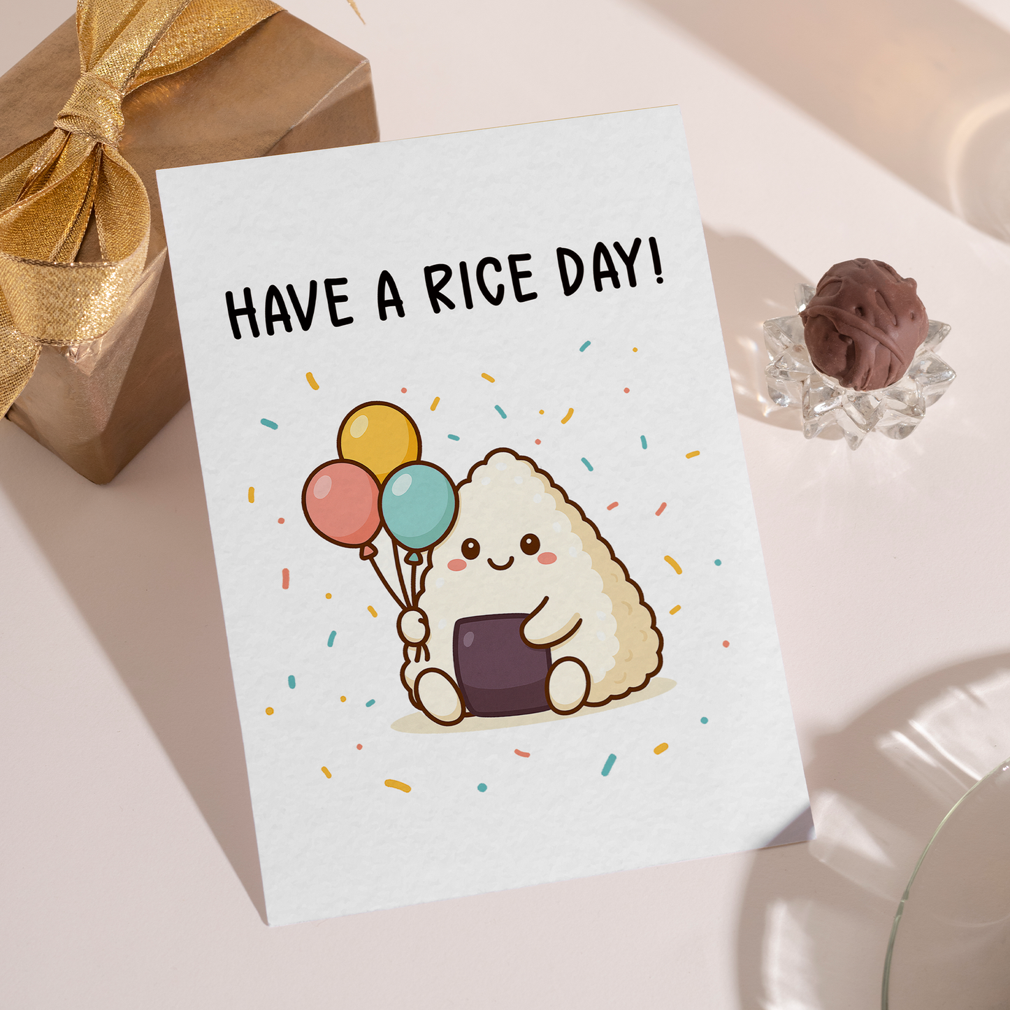 Whimsical greeting card showing a cute rice character enjoying a happy moment. The soft tones and simple composition create a warm and uplifting feeling.