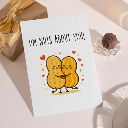 Playful illustrated love card featuring two peanuts holding each other with joyful expressions. A cute pun-based greeting card perfect for Valentine’s Day, anniversaries, or everyday love notes.