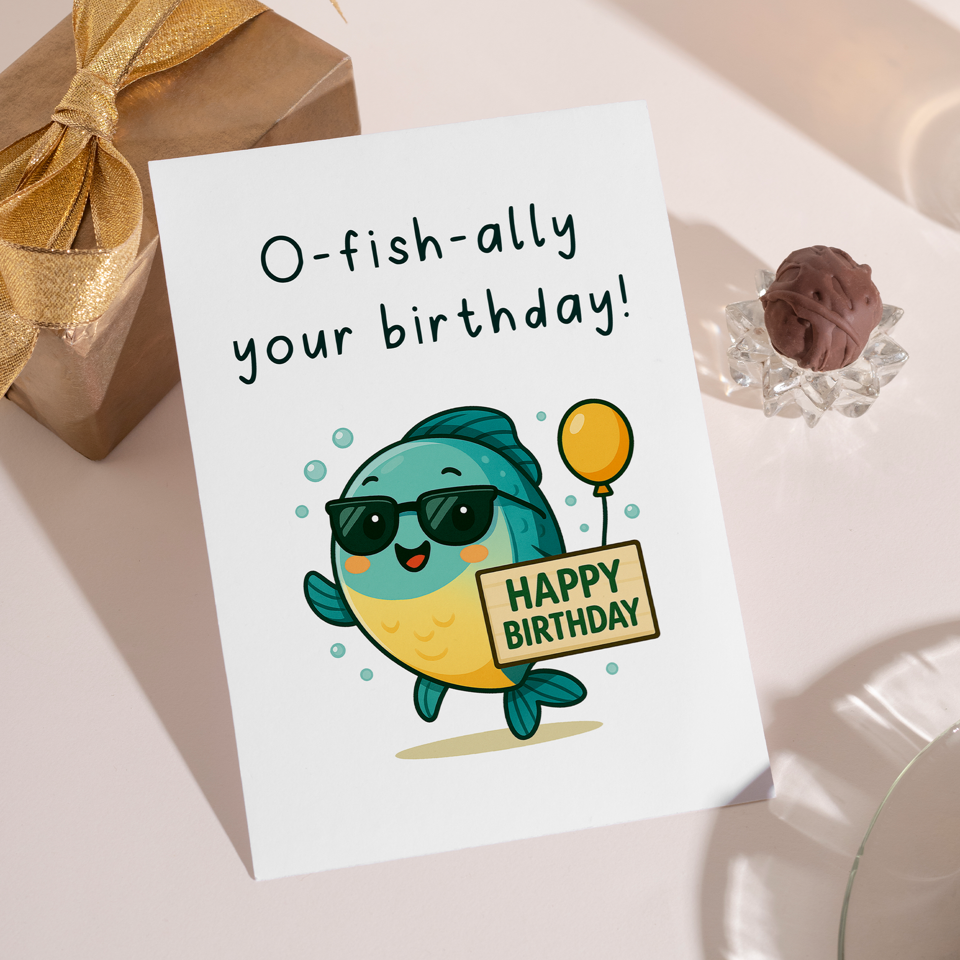 Playful birthday card design with a cartoon fish wearing sunglasses, floating with bubbles and holding a birthday sign. The cute style and fun wordplay add charm to any birthday celebration.