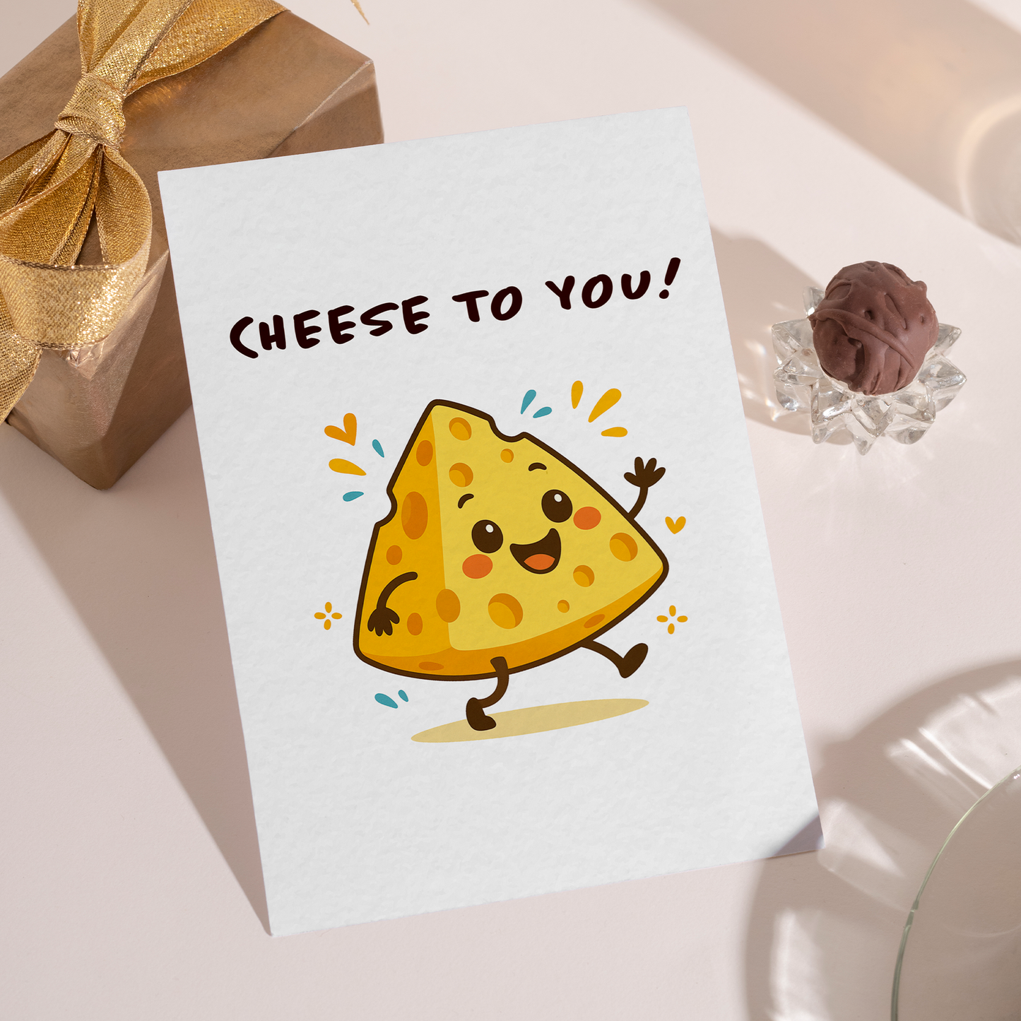 Whimsical cheese pun birthday card featuring a smiling cheese wedge character designed in a cute and playful style. This card brings a fun, feel-good message that works well for friends, coworkers, or anyone who loves cheesy humor.