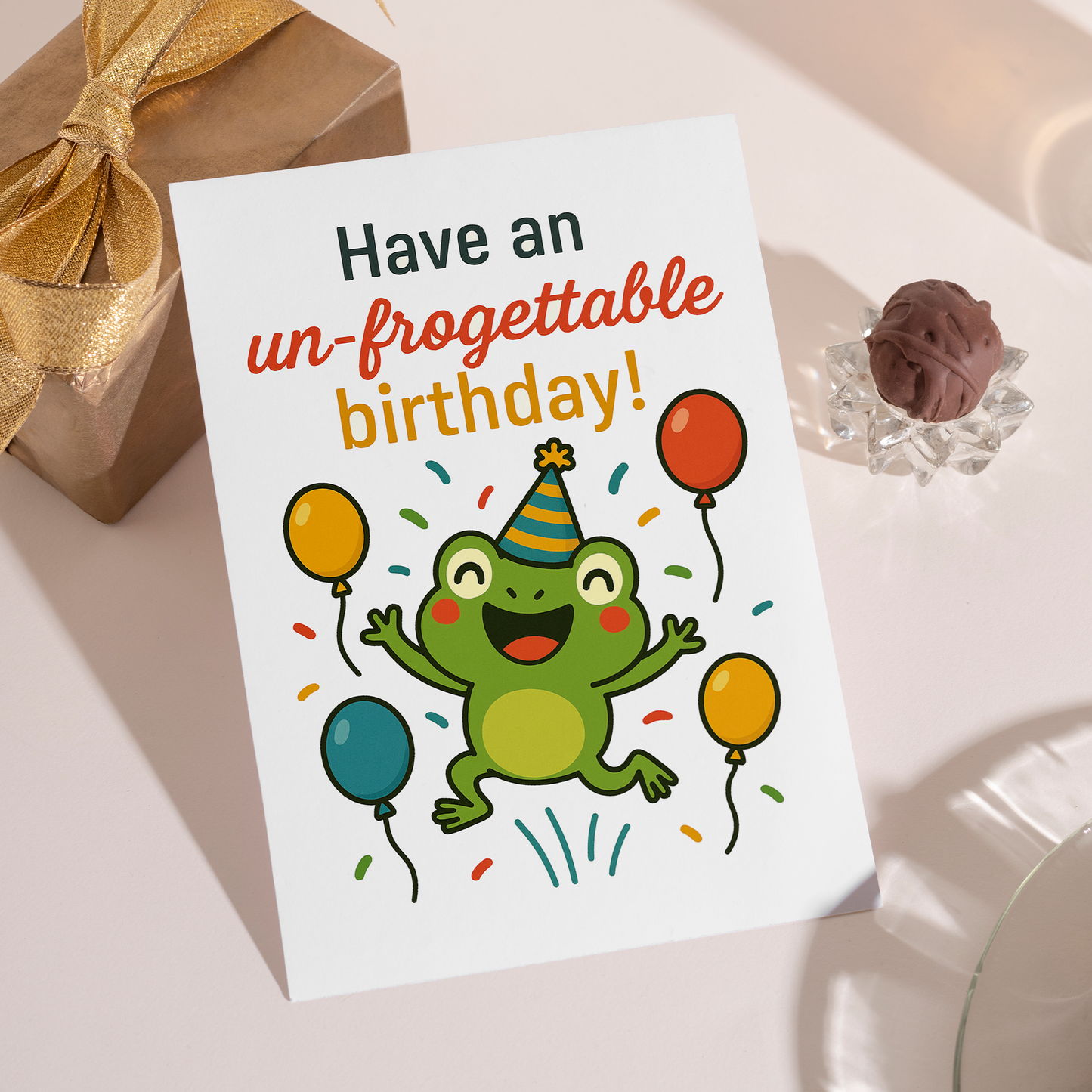 Whimsical frog illustration celebrating a birthday with balloons and party decorations. This cheerful greeting card combines cute animal art with a fun un-frogettable birthday message.