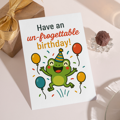 Whimsical frog illustration celebrating a birthday with balloons and party decorations. This cheerful greeting card combines cute animal art with a fun un-frogettable birthday message.