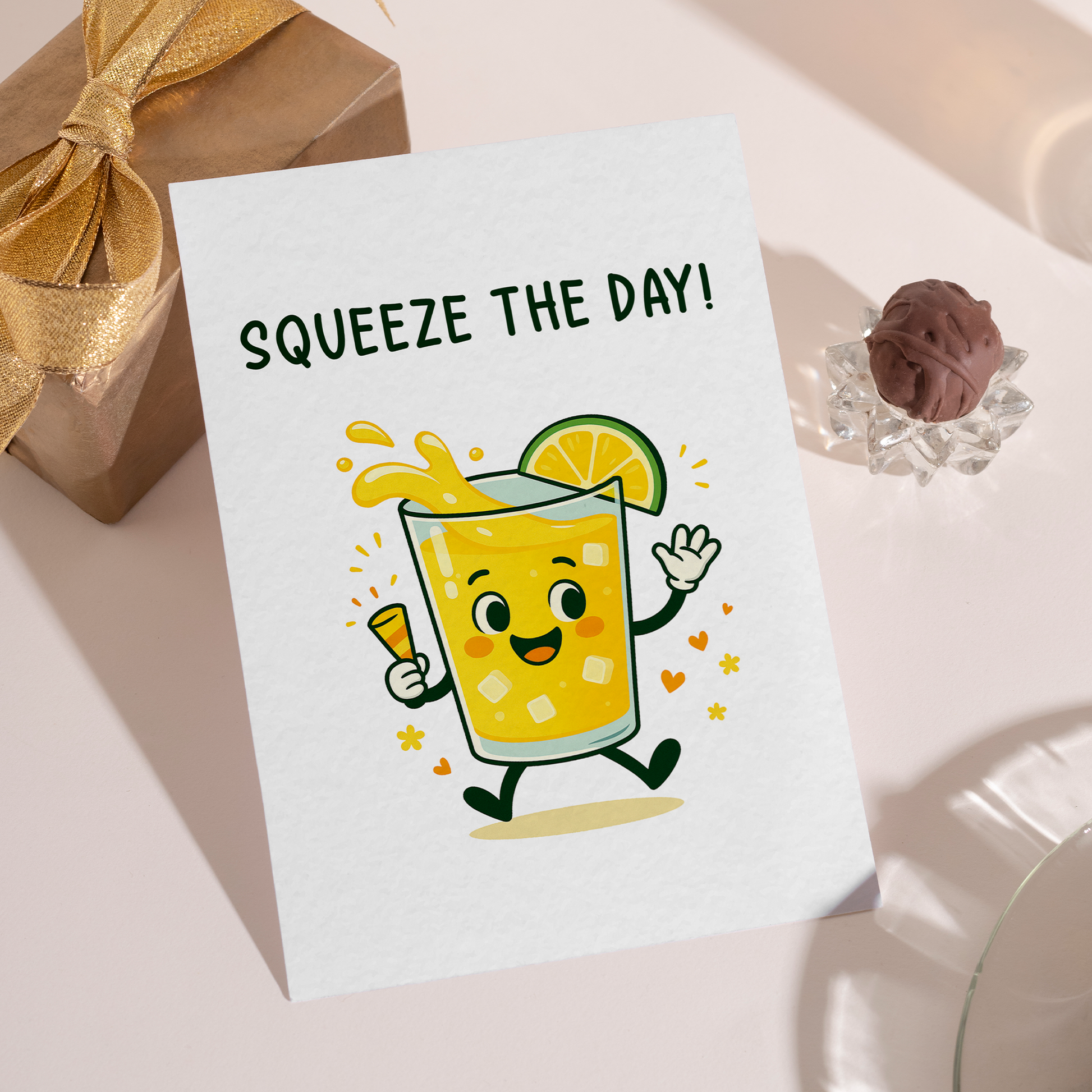 A fun food-themed greeting card showing a smiling lemonade glass with ice cubes and a lemon slice, captured mid-splash for a lively feel. The playful “Squeeze the Day” message makes this card perfect for sharing encouragement, happiness, and positive energy.
